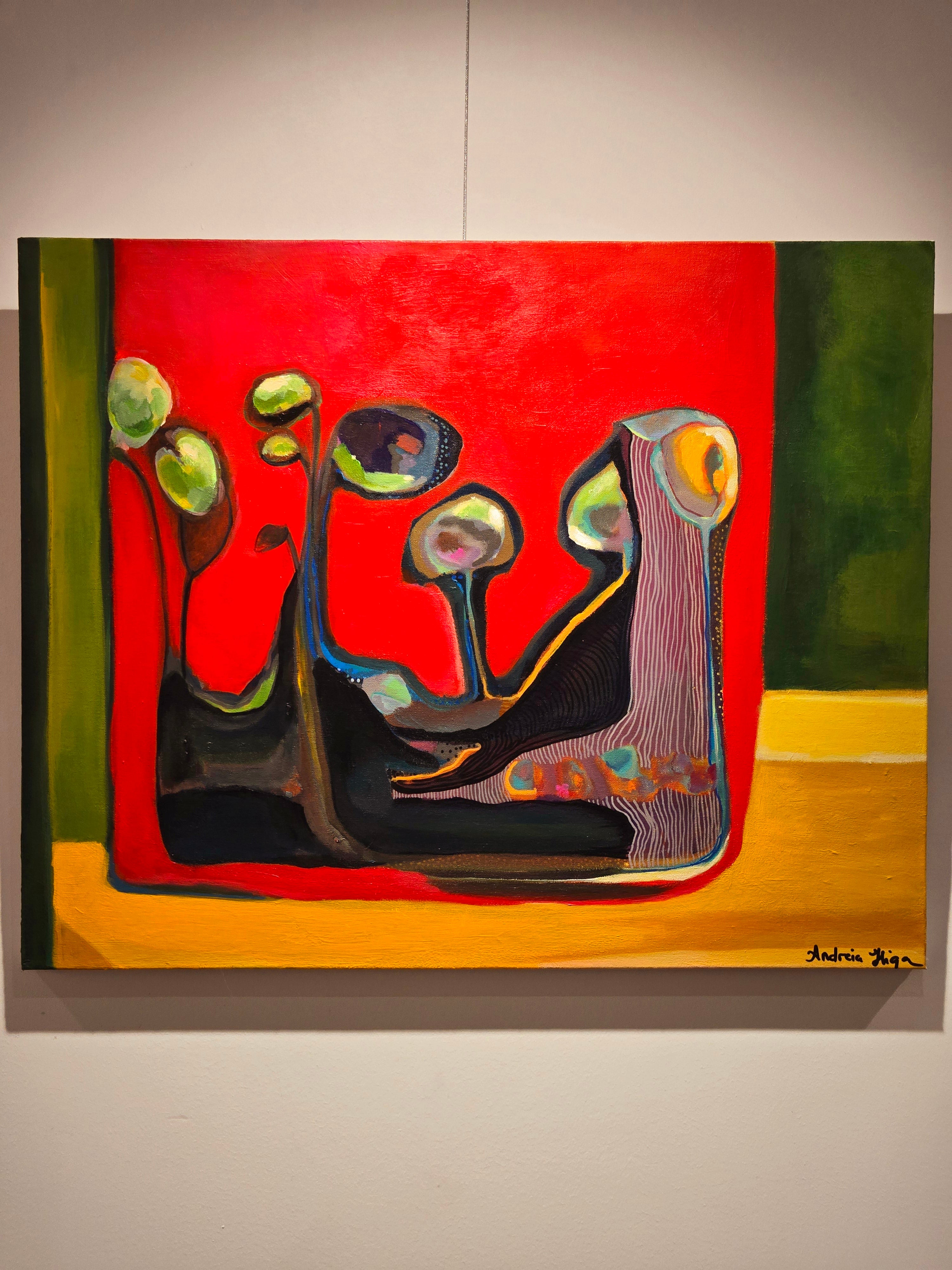 Bold Botanical Acrylic Painting with Red and Green Background (24" x 30")