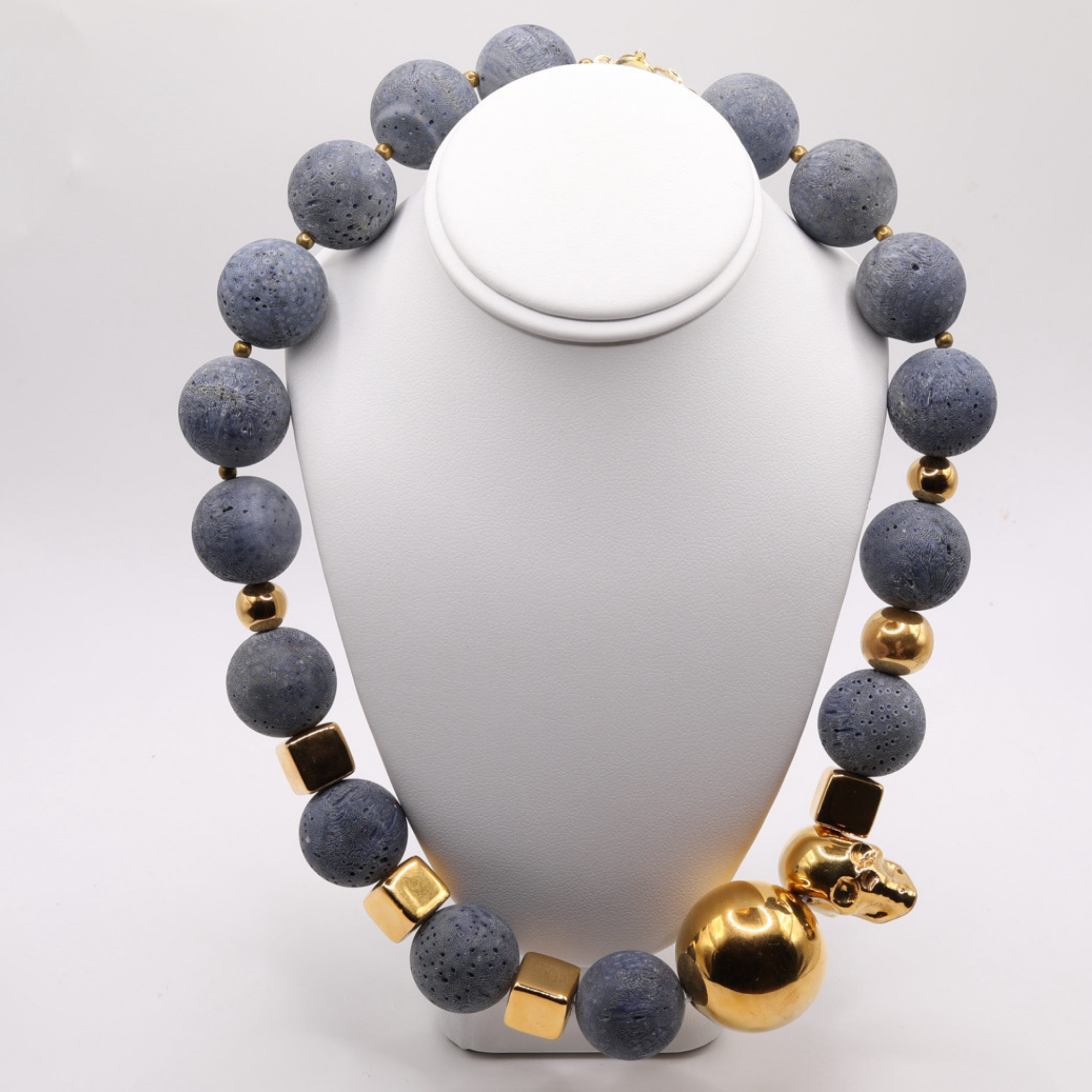 Gold-plated Skull with Blue Coral Necklace