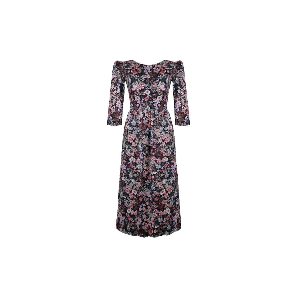 Anais Bateau Neck Dress with Corset Seam Details / Black Floral Cotton