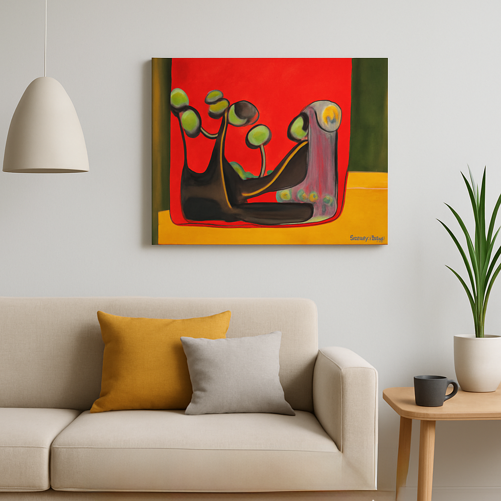 Bold Botanical Acrylic Painting with Red and Green Background (24" x 30")