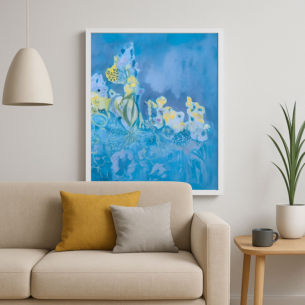 Blue Water-Inspired Floral Painting in Watercolor and Acrylic (21" x 17")