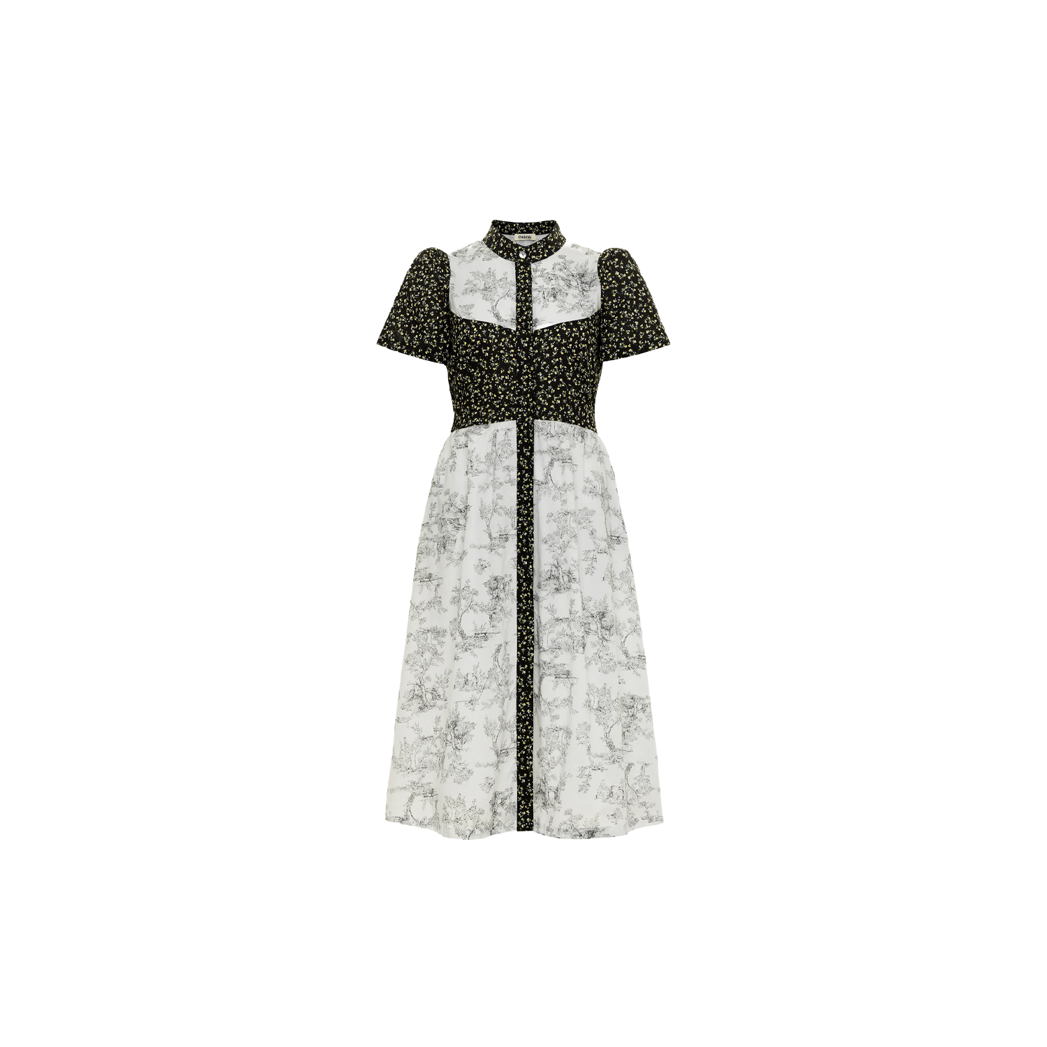 Clover Shirt Dress / Black Mini Floral + Vintage White Toile Print Cotton Voile