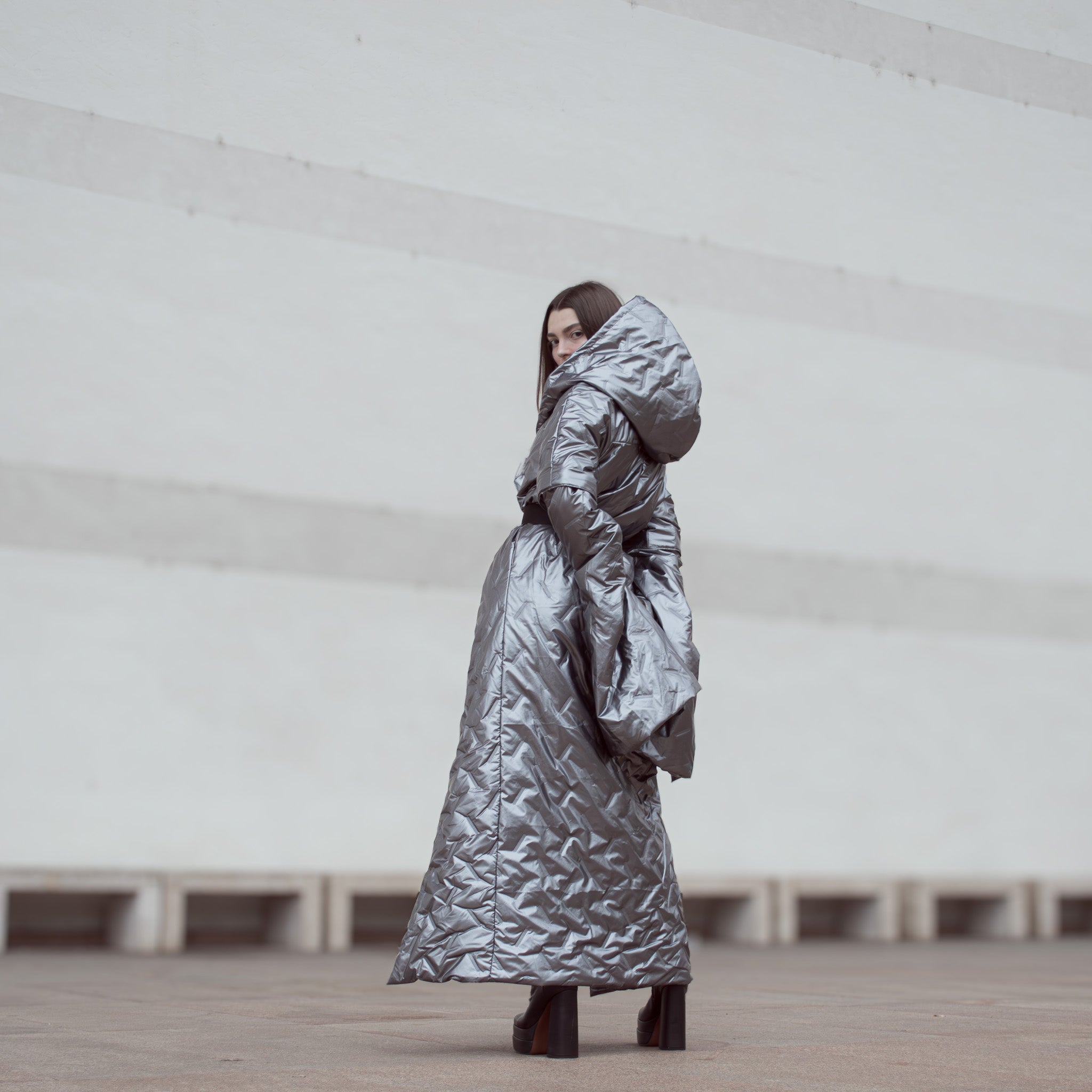 Water and Wind Resistant Puffer with Changeable Sleeves and Adjustable Fit in Silver