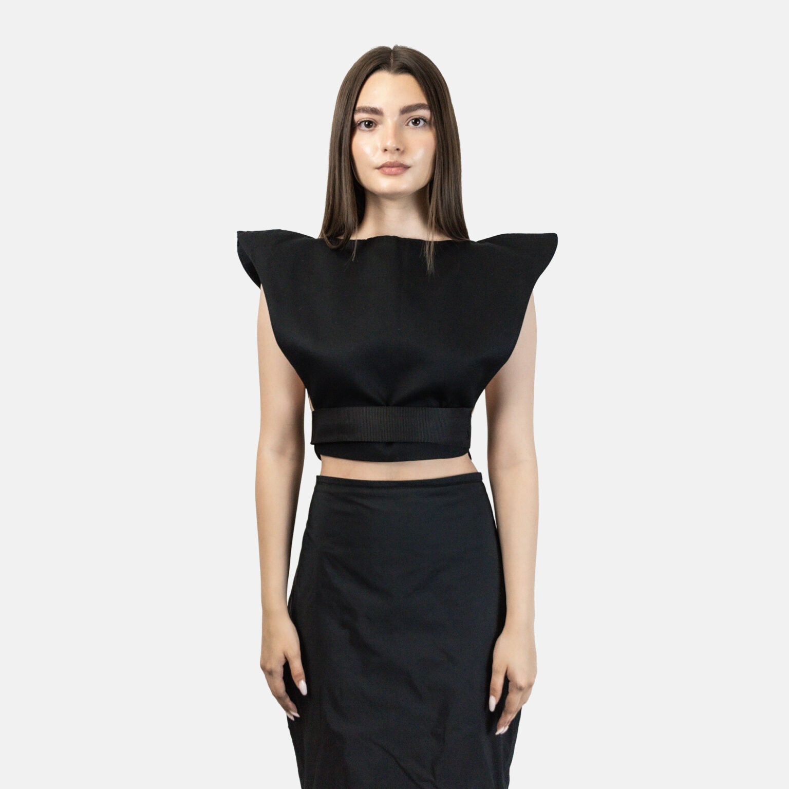 Futuristic High Shoulder Twill Cotton Top With Adjustable Attached Belt in Black