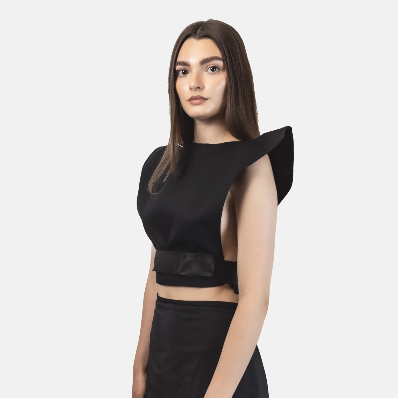 Futuristic High Shoulder Twill Cotton Top With Adjustable Attached Belt in Black