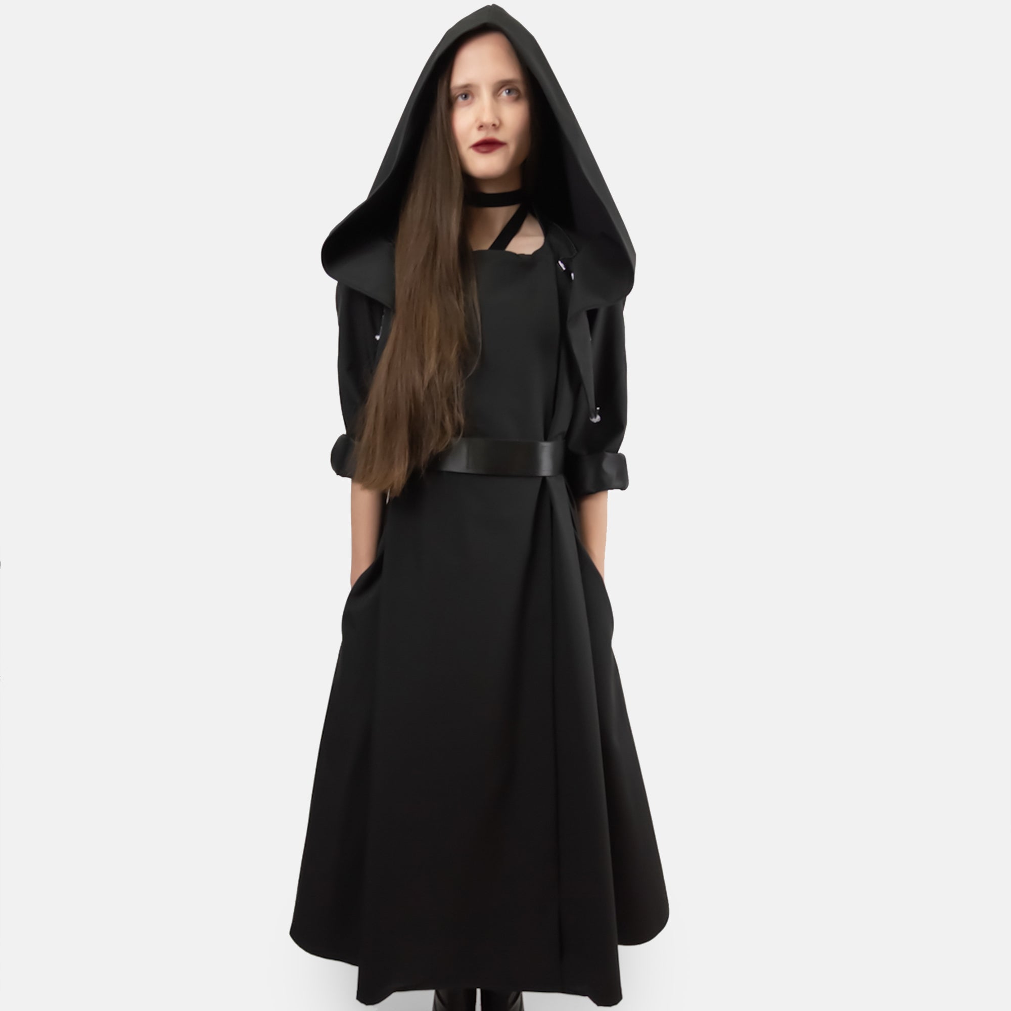 Water-Resistant Jacket with Detachable Hoodie and Adjustable Waistline in Black