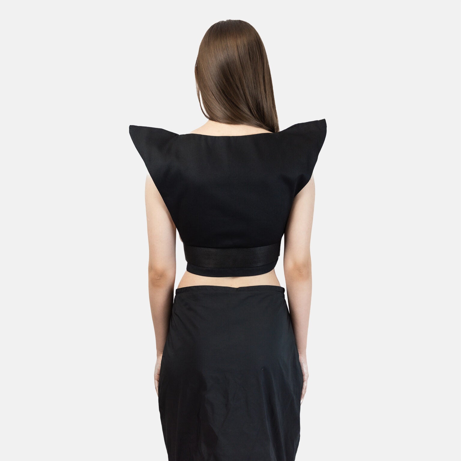 Futuristic High Shoulder Twill Cotton Top With Adjustable Attached Belt in Black