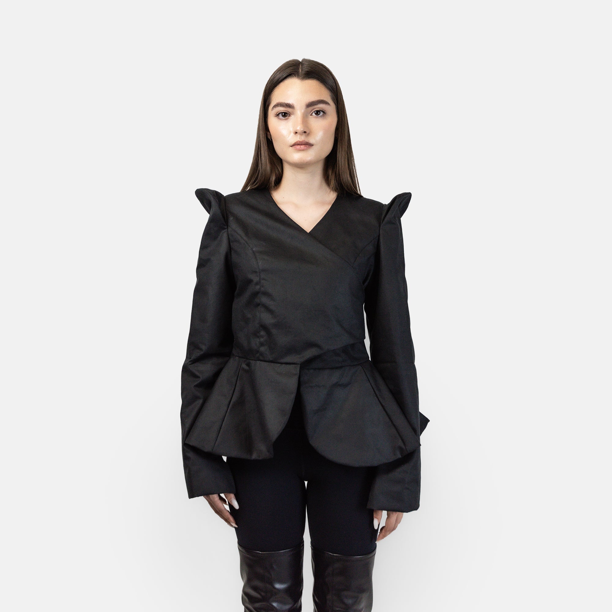 Futuristic Wet Waxed Cotton Jacket with Plepum & Adjustable Waistline in Black