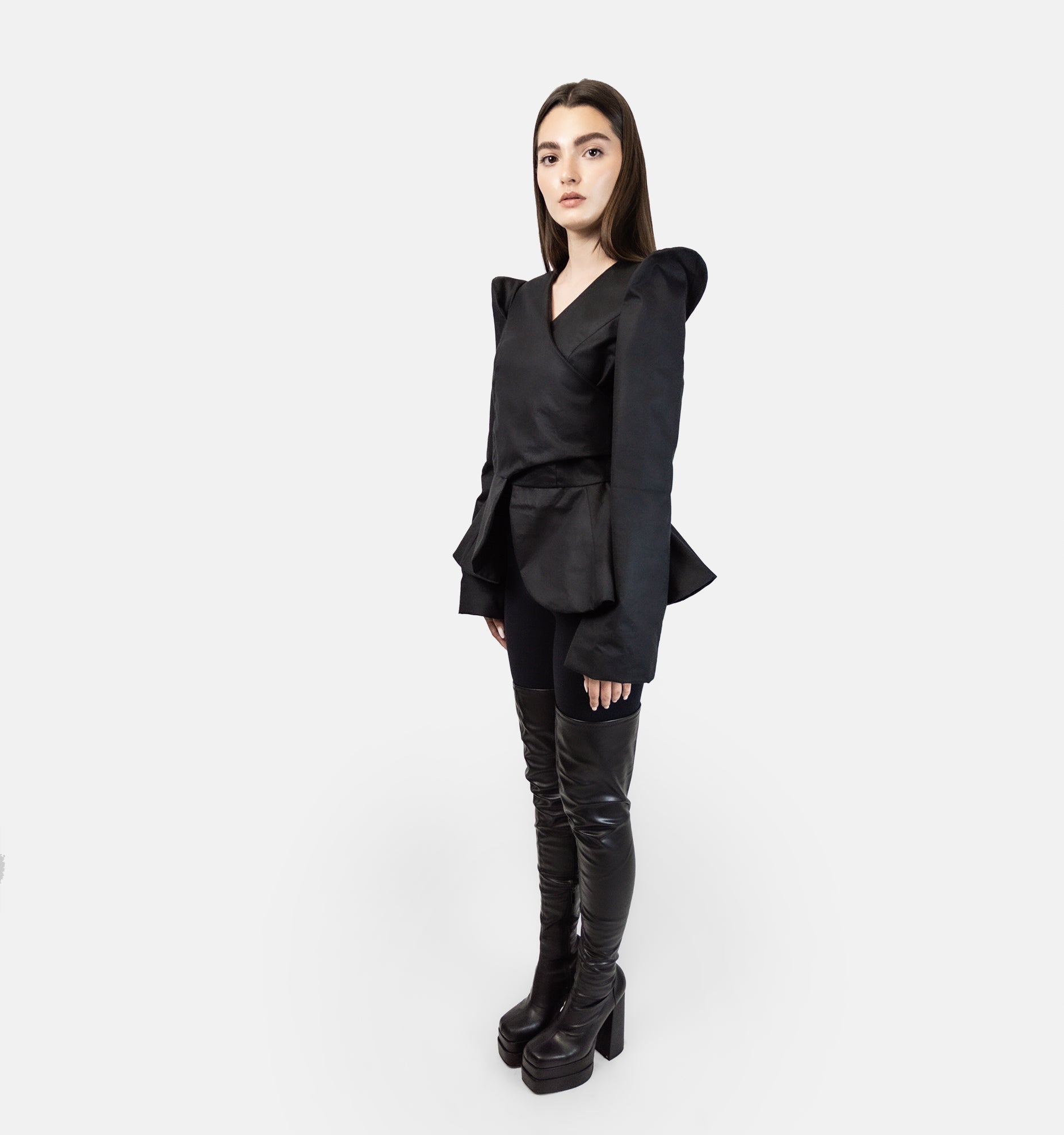 Futuristic Wet Waxed Cotton Jacket with Plepum & Adjustable Waistline in Black