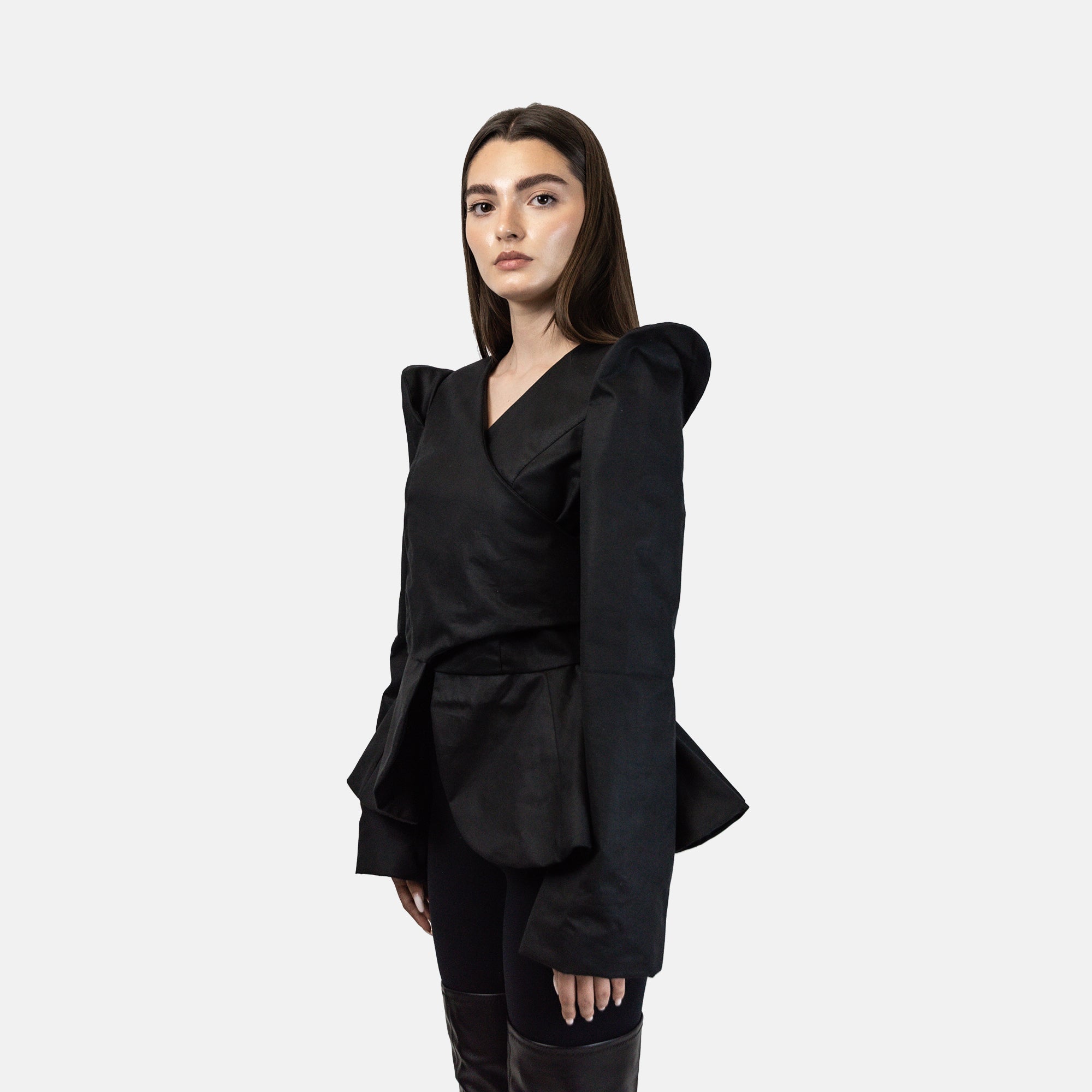 Futuristic Wet Waxed Cotton Jacket with Plepum & Adjustable Waistline in Black