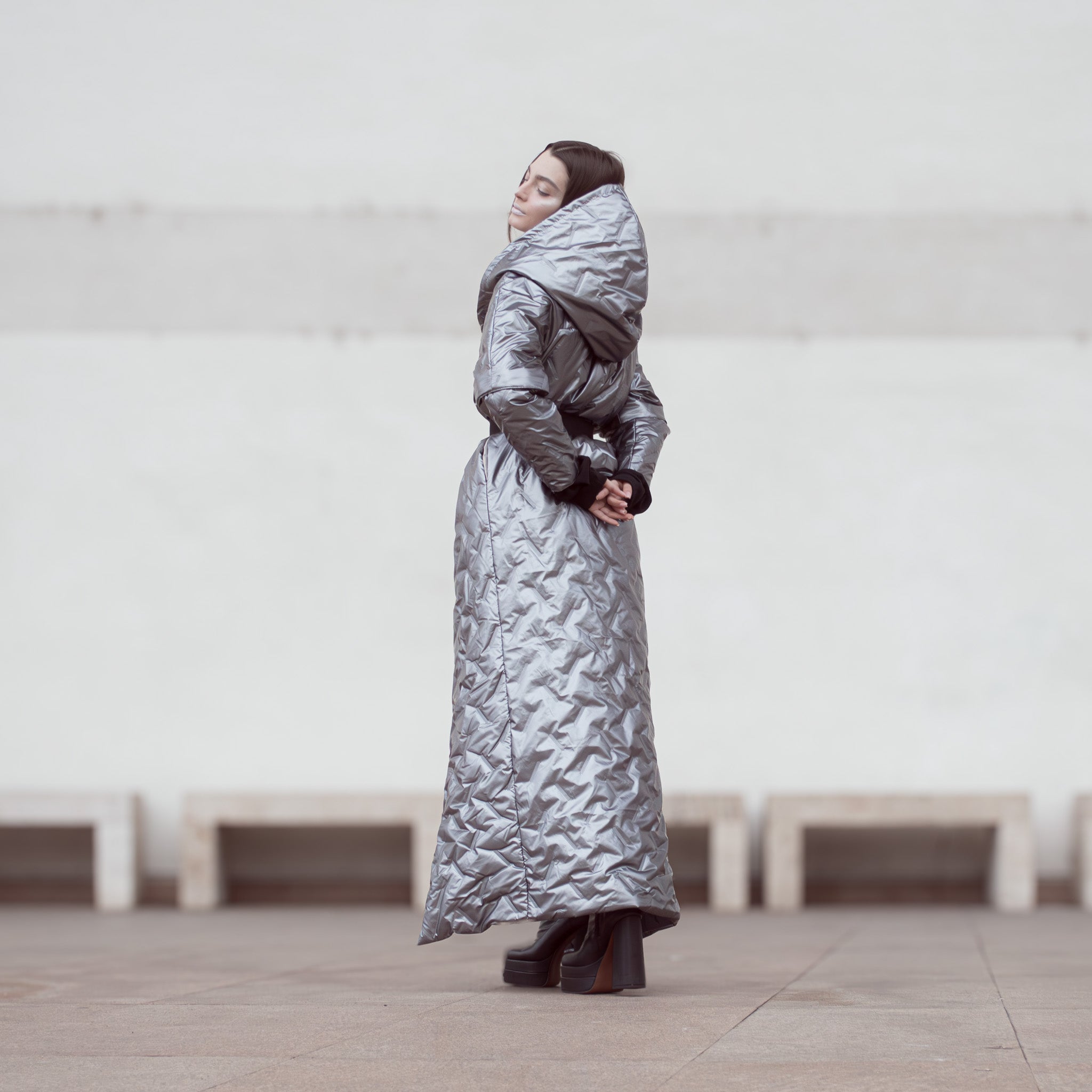 Water and Wind Resistant Puffer with Changeable Sleeves and Adjustable Fit in Silver