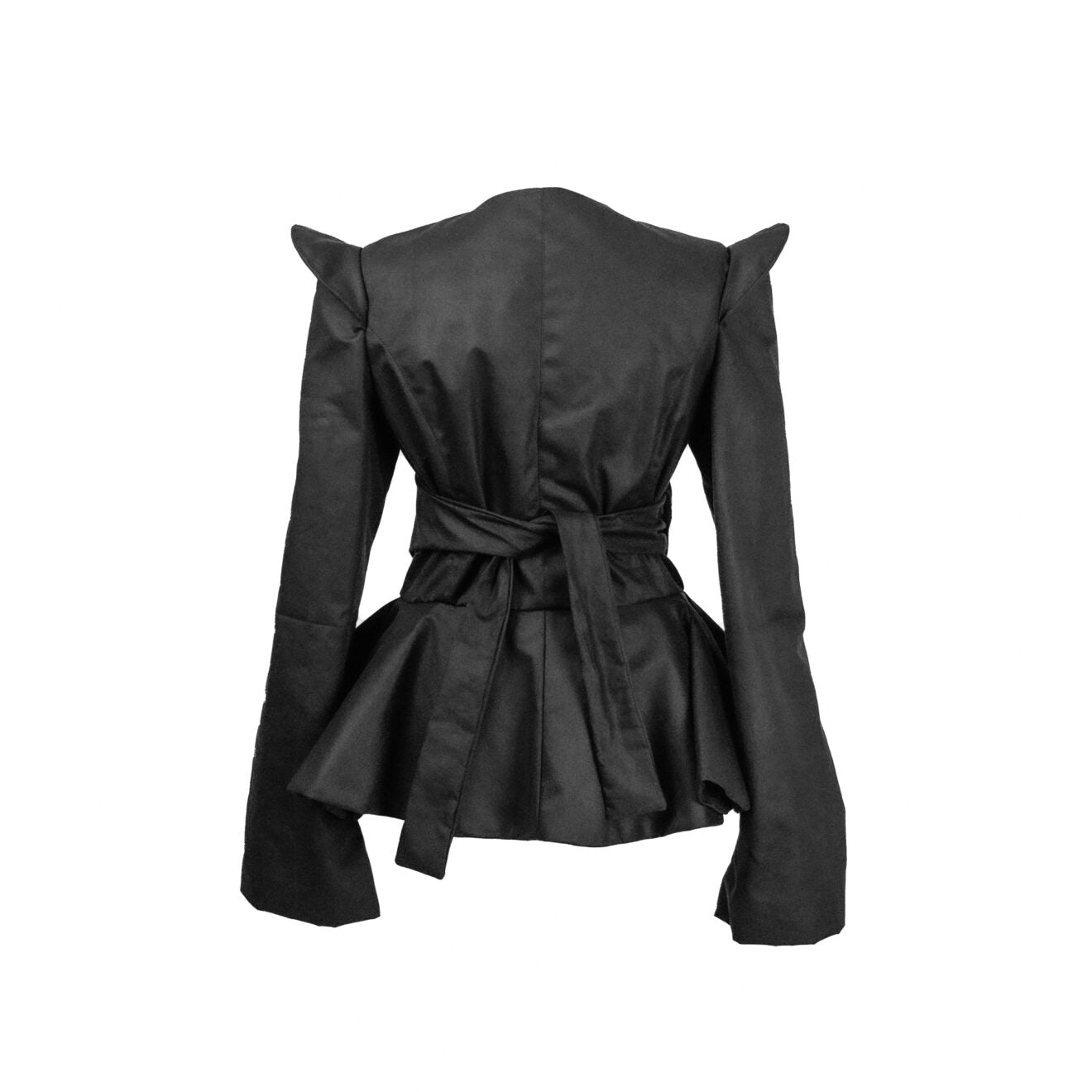 Futuristic Wet Waxed Cotton Jacket with Plepum & Adjustable Waistline in Black