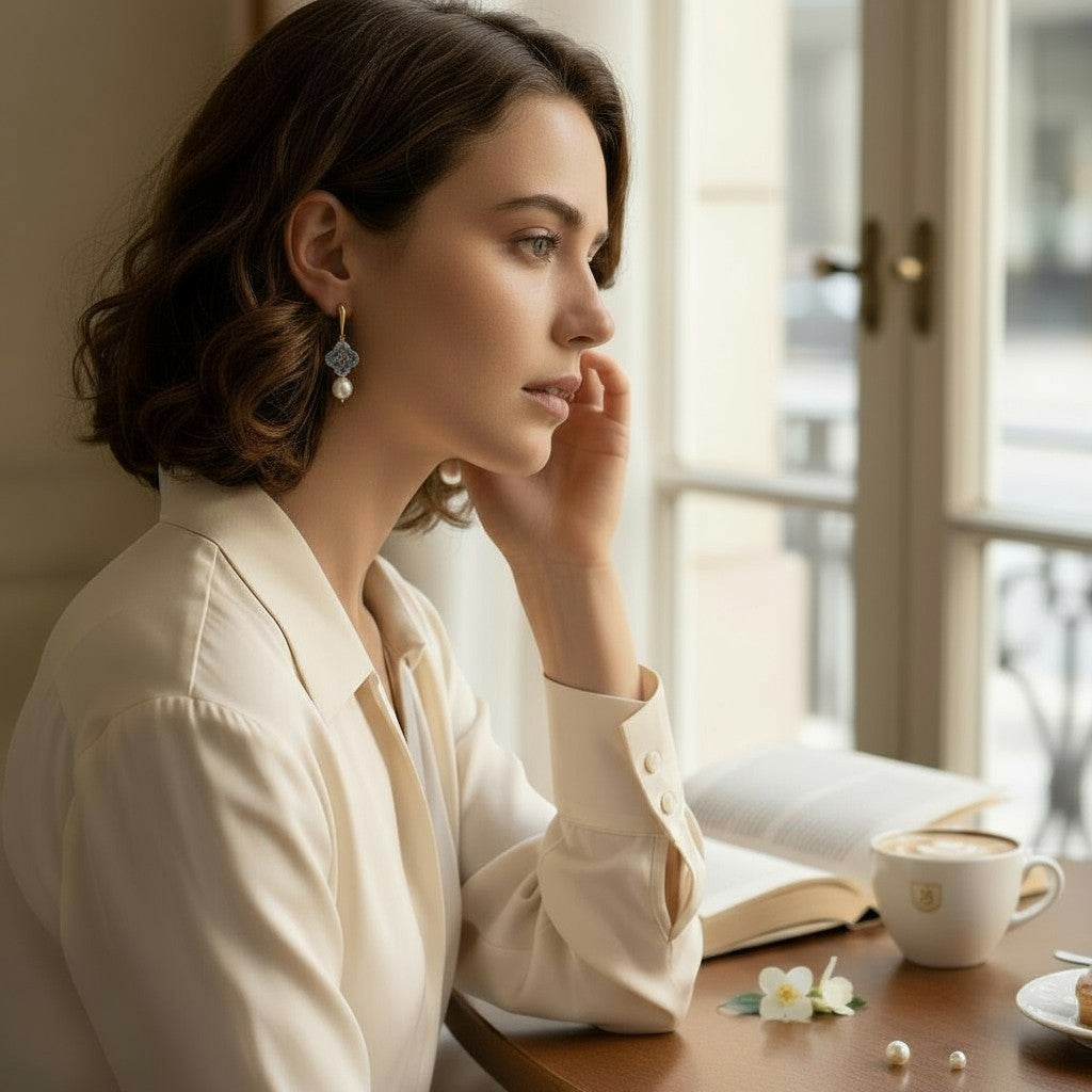 Blue Cross with Pearl Earrings