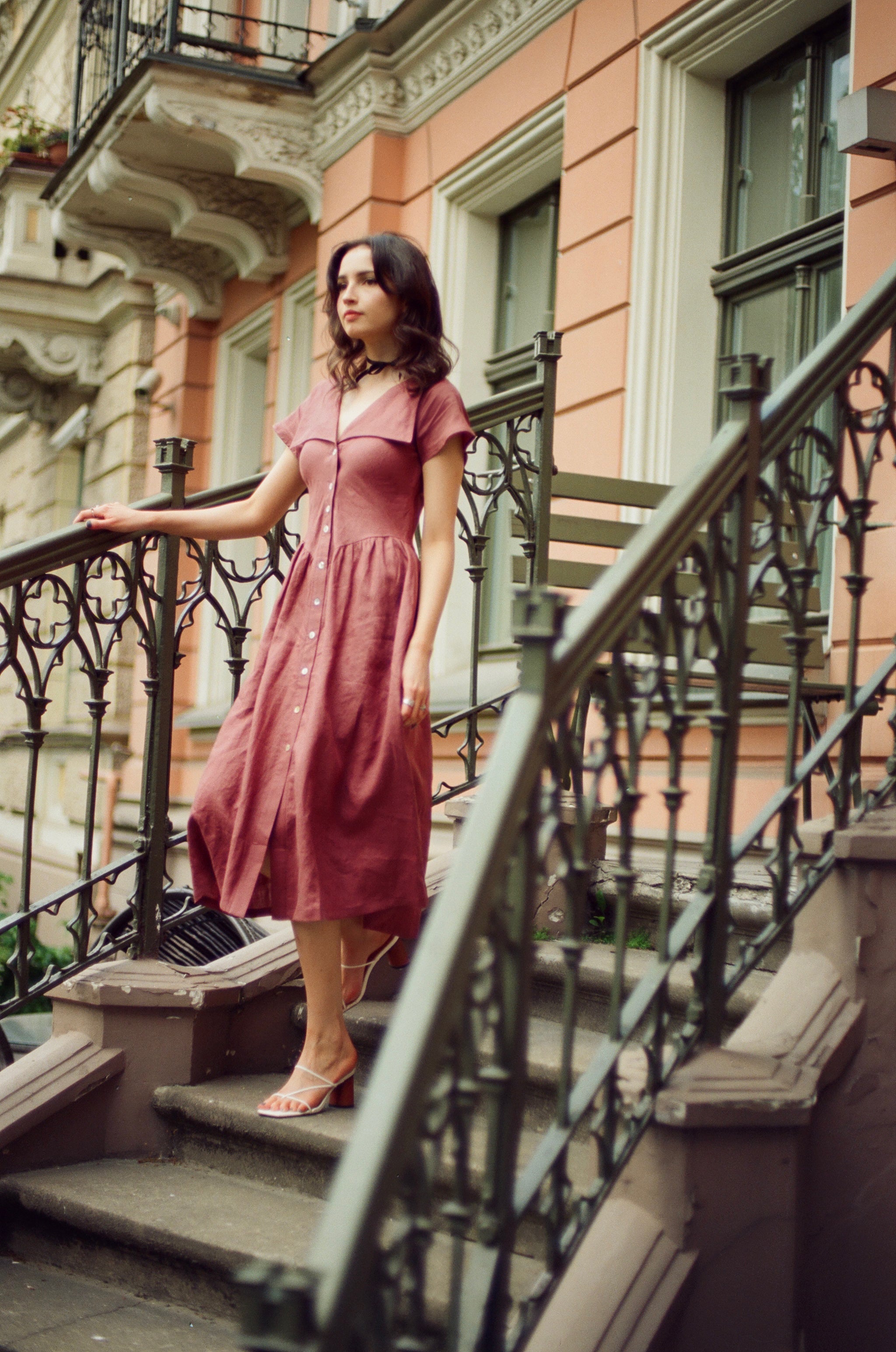 Helena Dress / 100% Linen in Plum with Shell Buttons