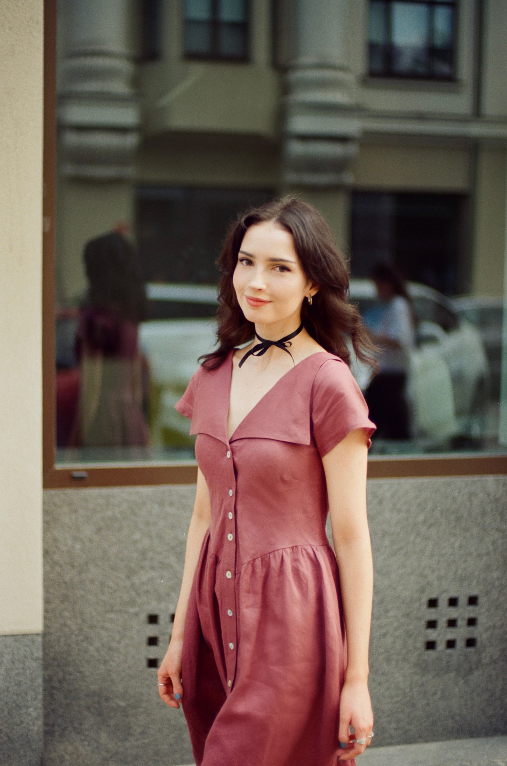 Helena Dress / 100% Linen in Plum with Shell Buttons