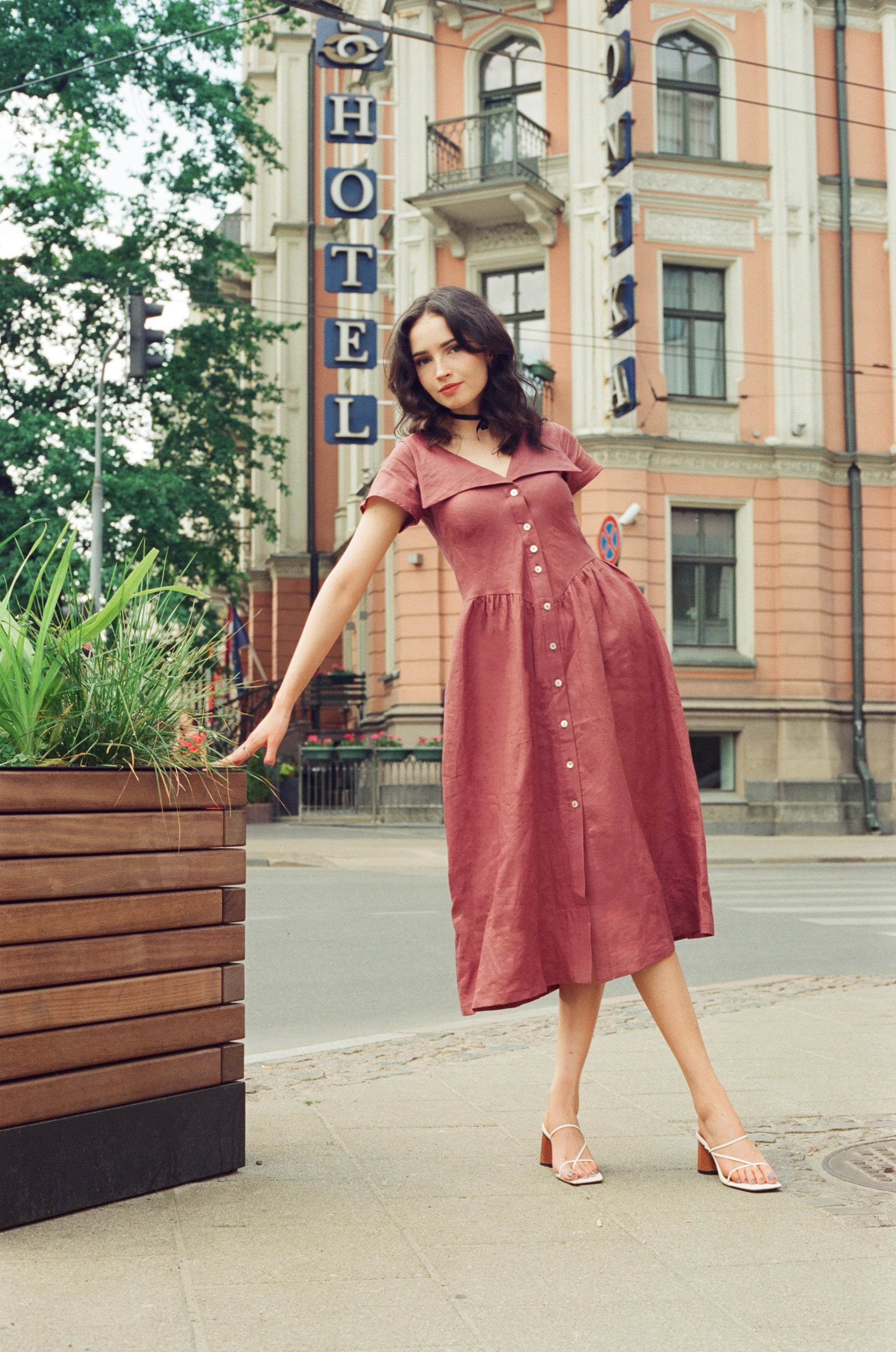 Helena Dress / 100% Linen in Plum with Shell Buttons