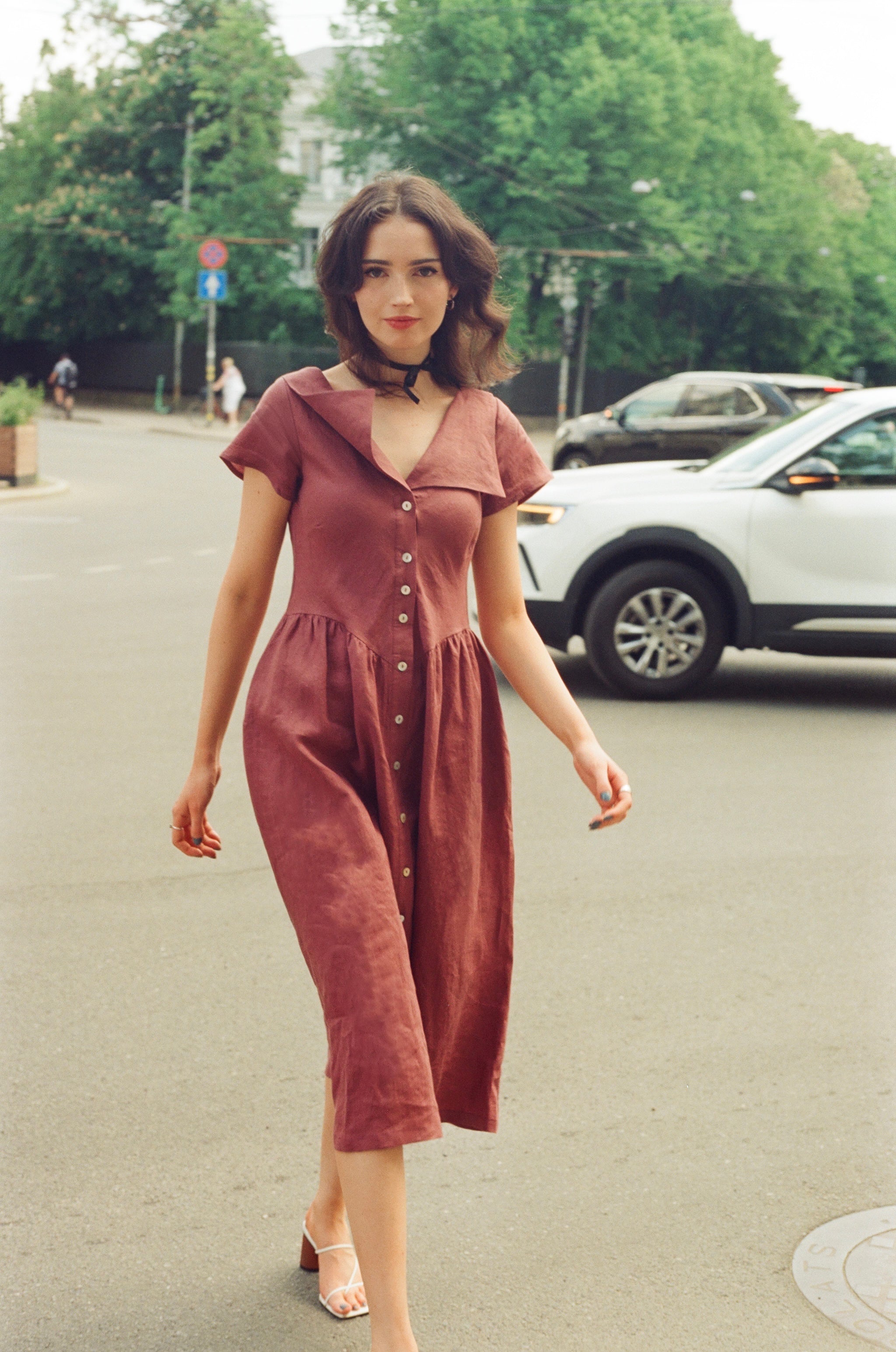 Helena Dress / 100% Linen in Plum with Shell Buttons