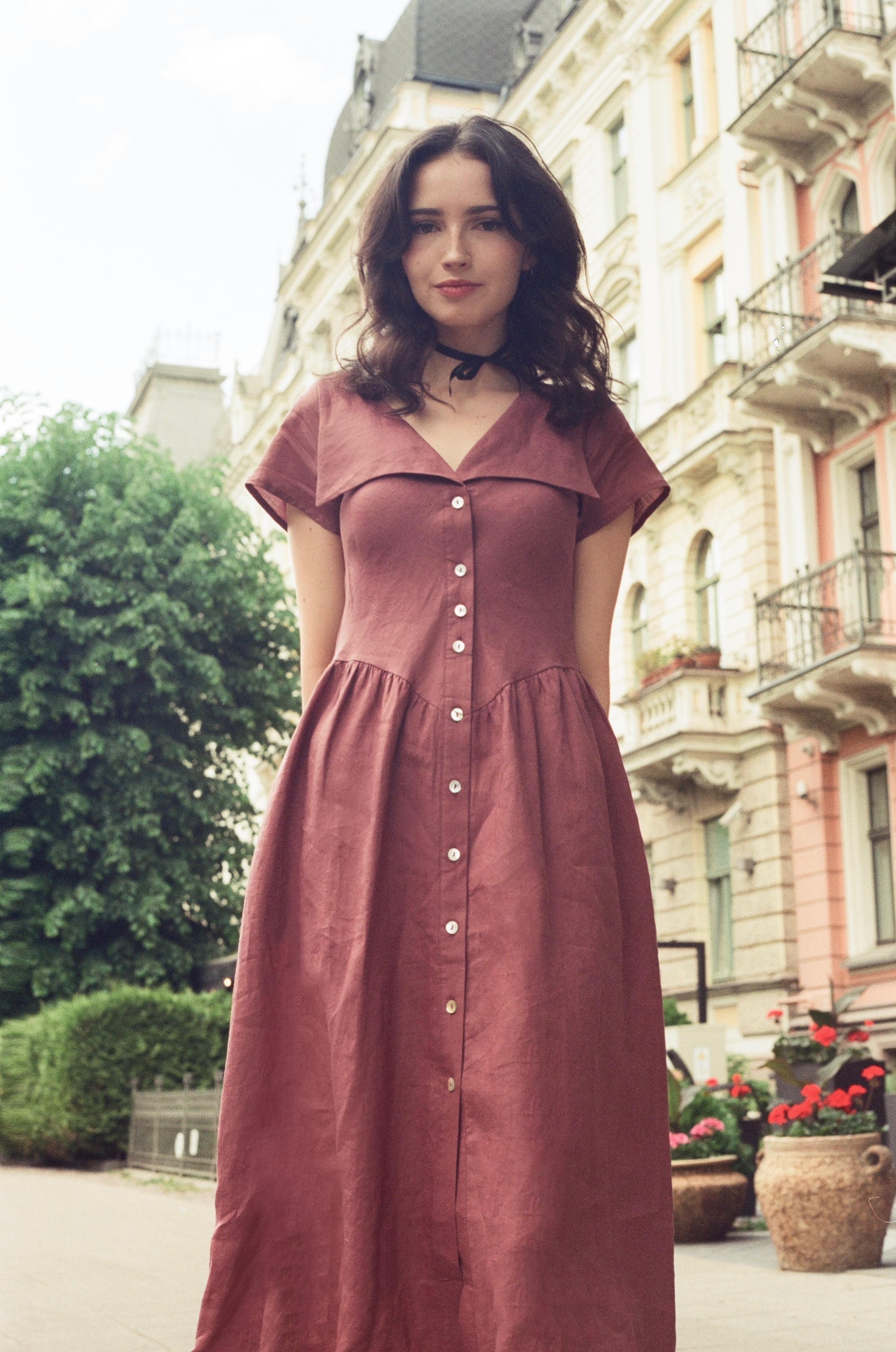 Helena Dress / 100% Linen in Plum with Shell Buttons