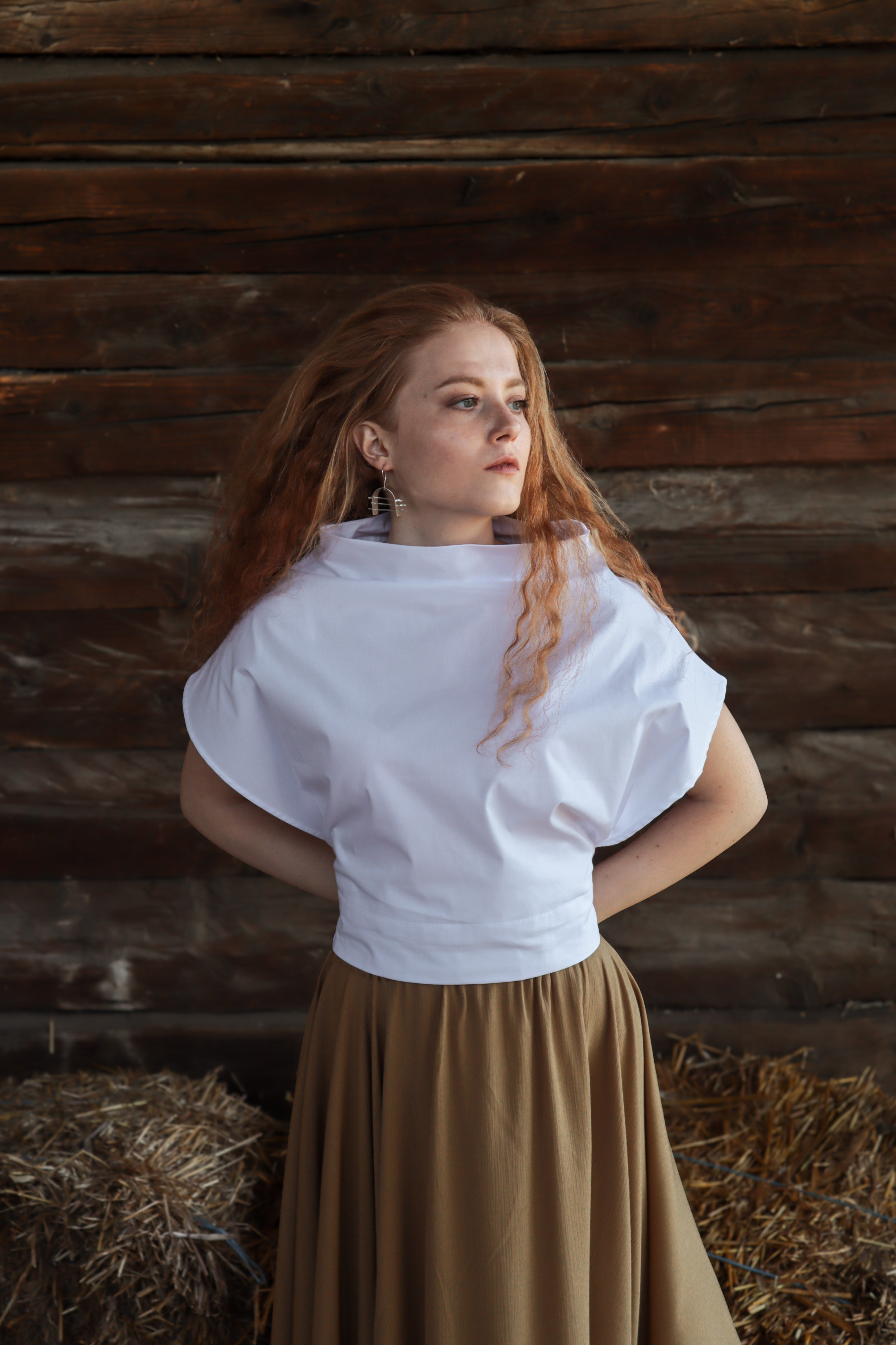 Geometric Wrap Top with a High Collar