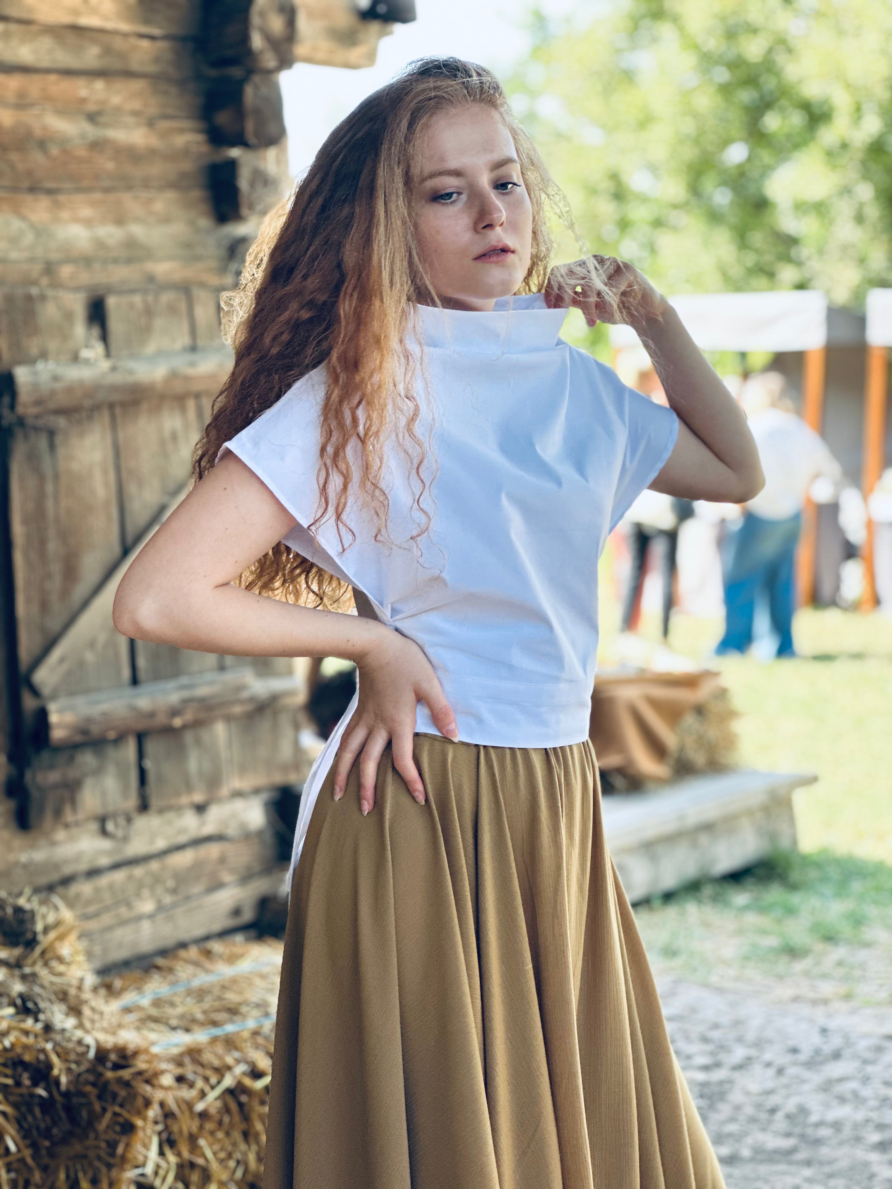 Geometric Wrap Top with a High Collar