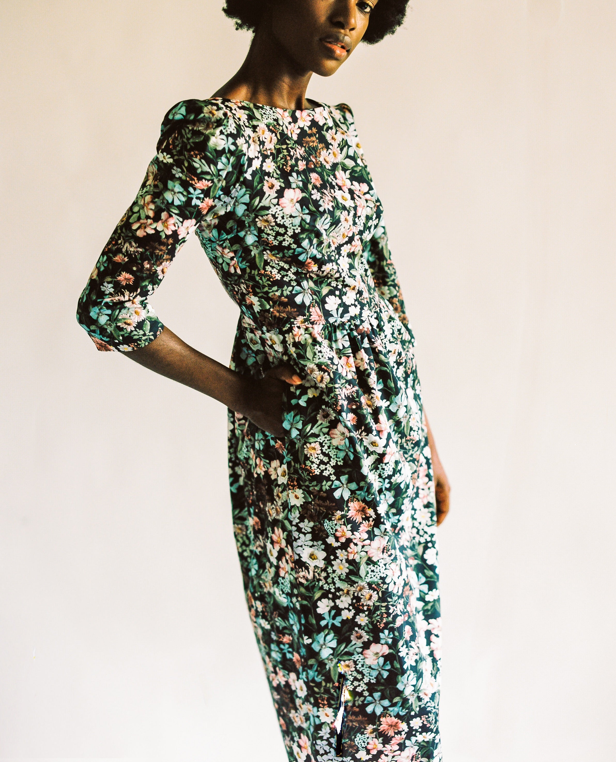 Anais Bateau Neck Dress with Corset Seam Details / Black Floral Cotton