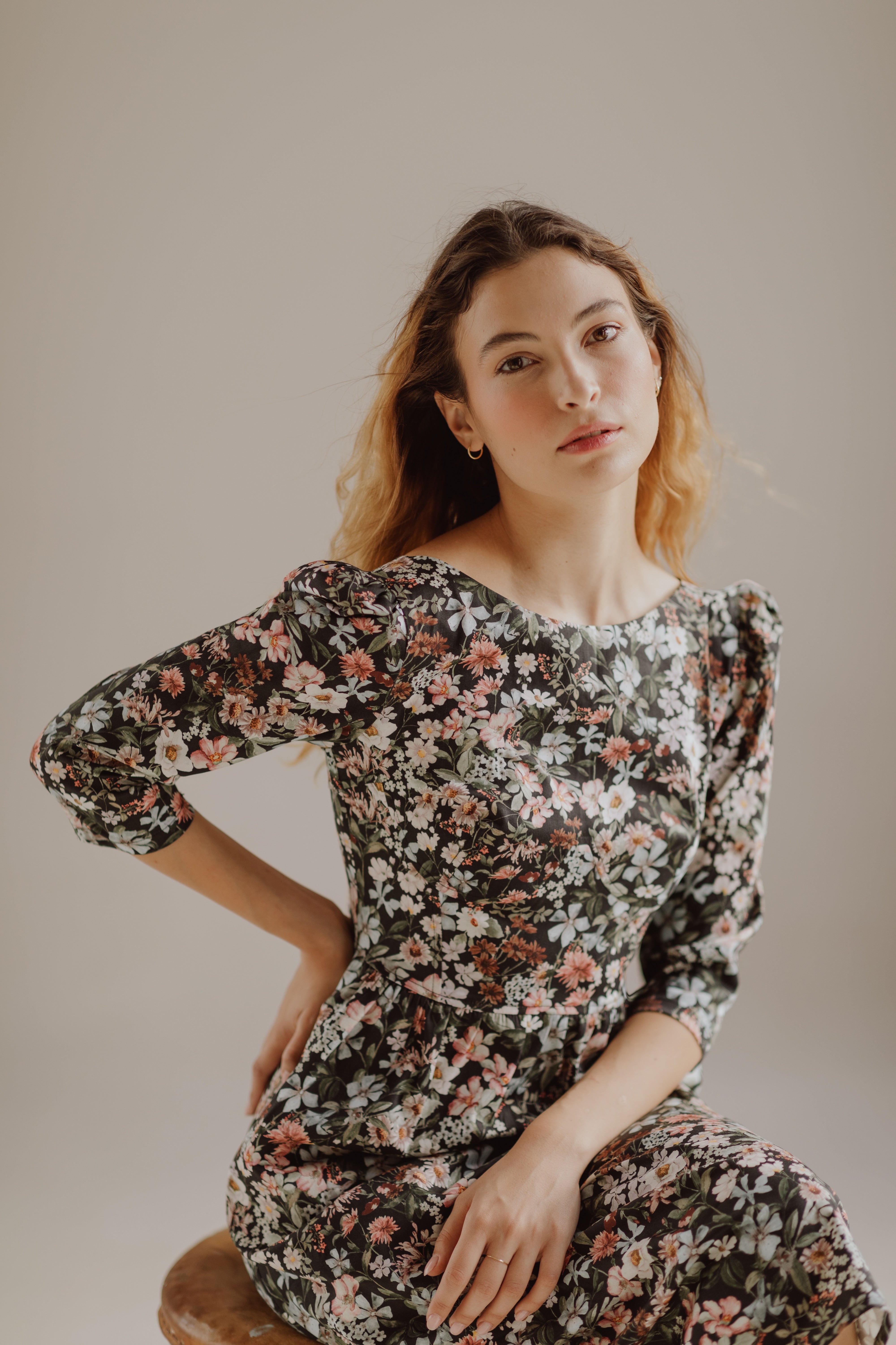 Anais Bateau Neck Dress with Corset Seam Details / Black Floral Cotton