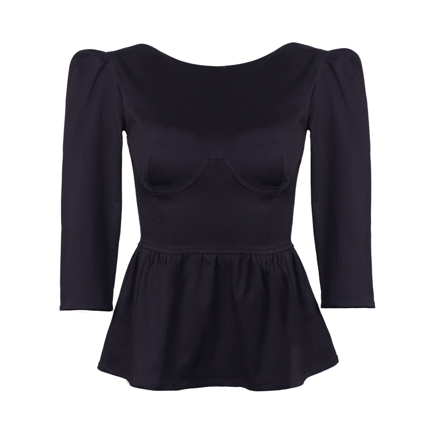 Hannah Bateau Neck Top with Corset Seam Details / Black Cotton