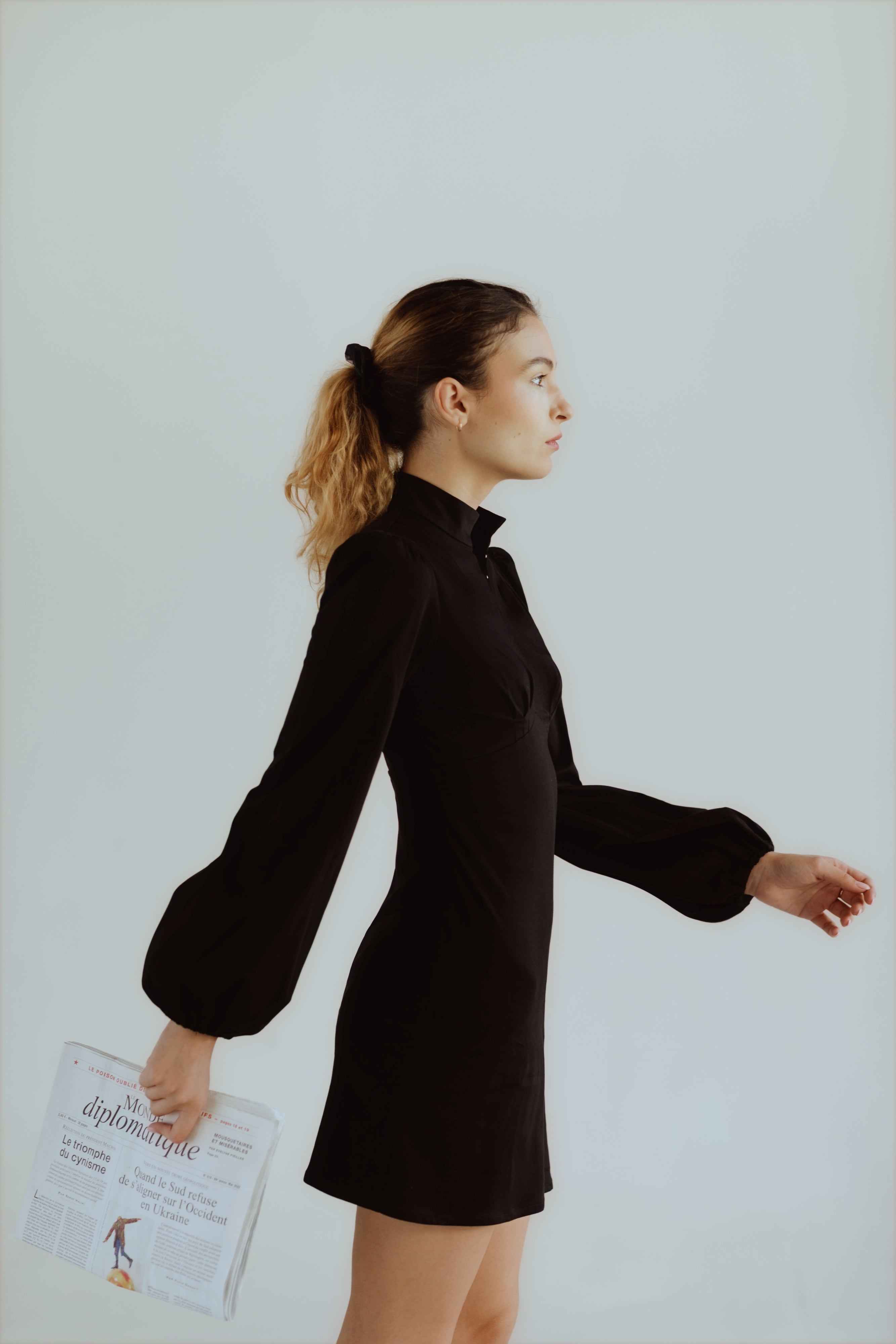 Jane High Neck Empire Mini Dress with Hook and Eye Detail and Blouson Sleeves / Black Cotton