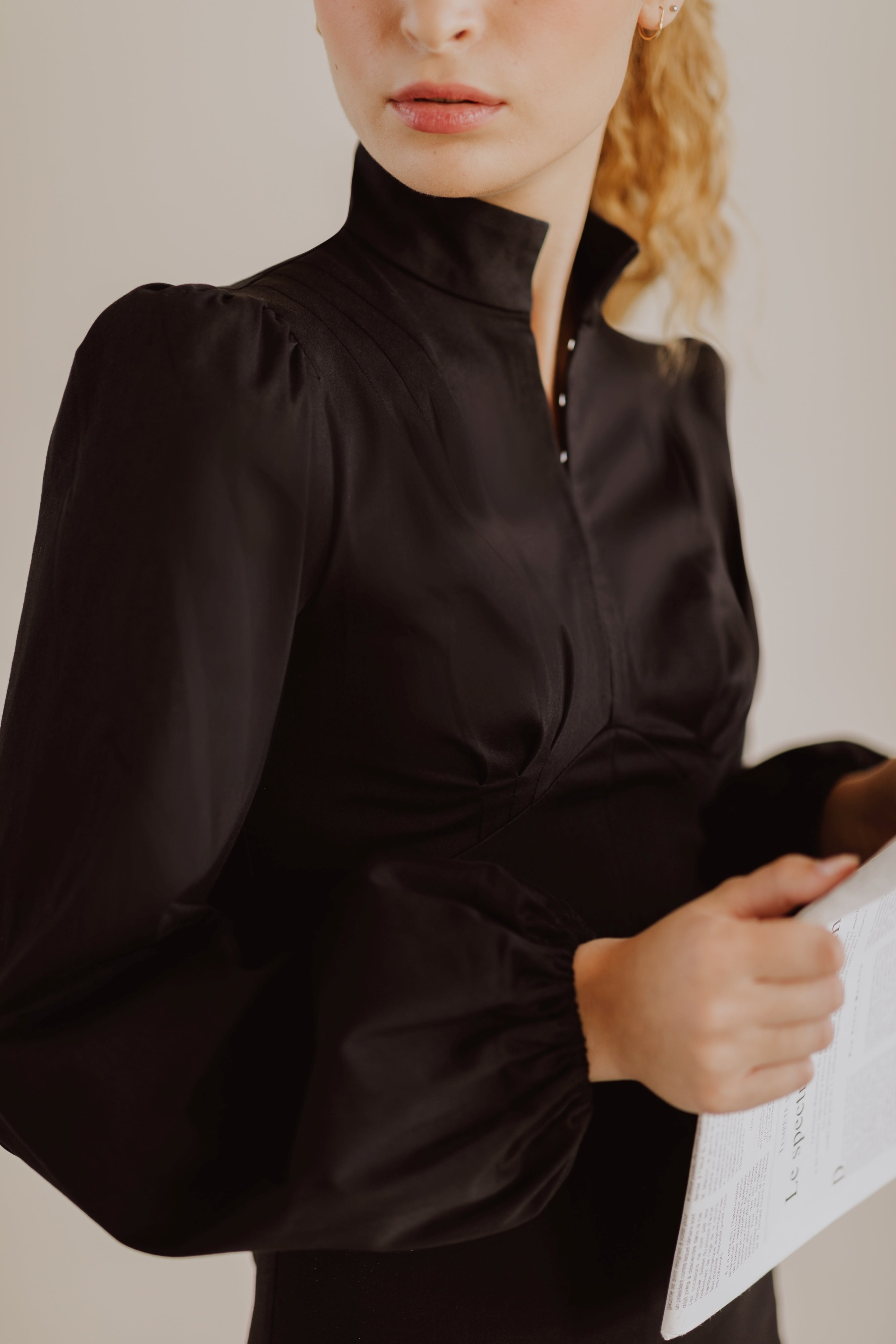 Jane High Neck Empire Mini Dress with Hook and Eye Detail and Blouson Sleeves / Black Cotton