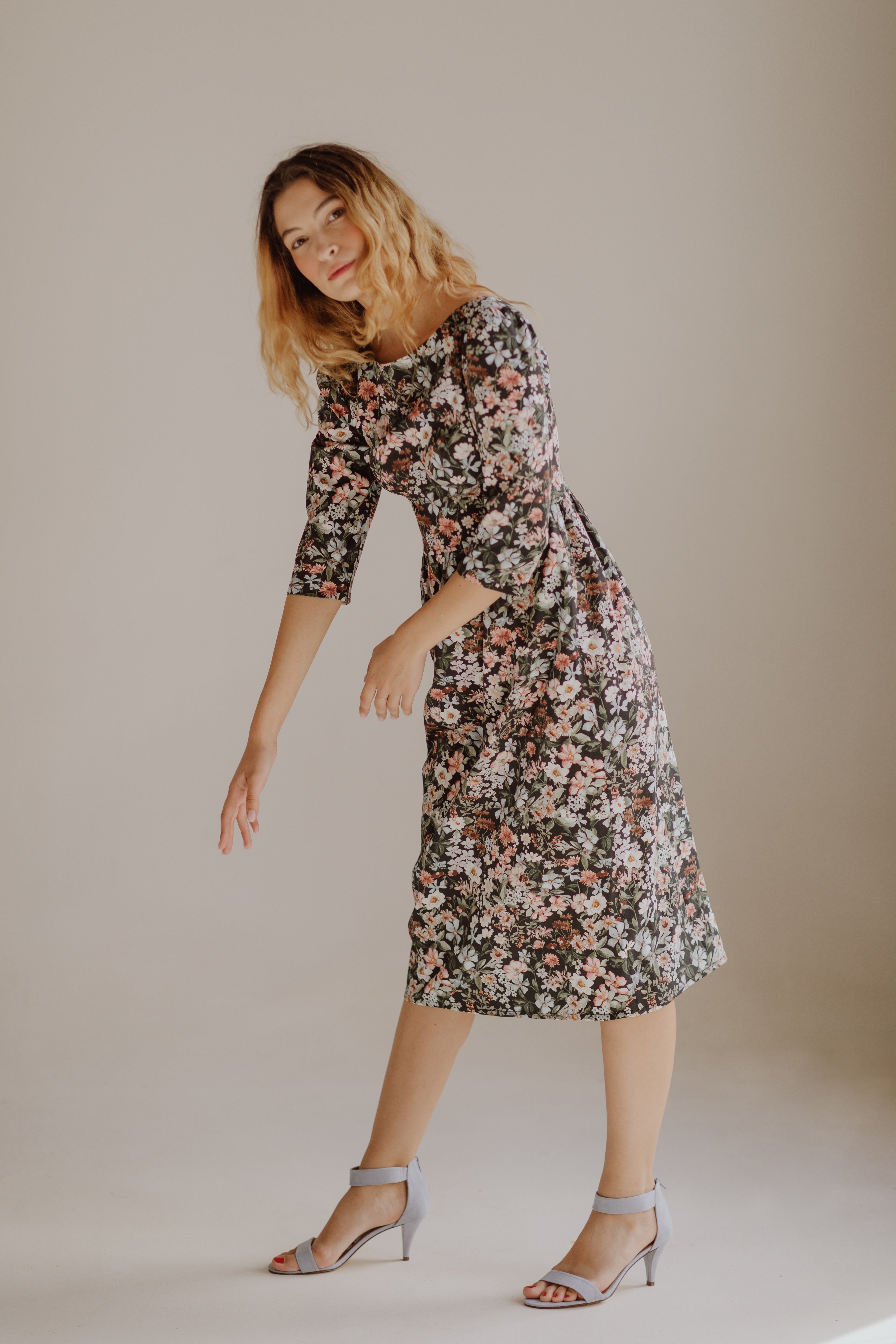 Anais Bateau Neck Dress with Corset Seam Details / Black Floral Cotton