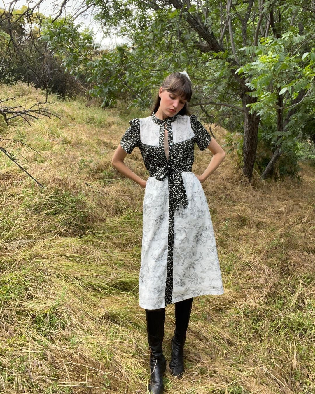 Clover Shirt Dress / Black Mini Floral + Vintage White Toile Print Cotton Voile