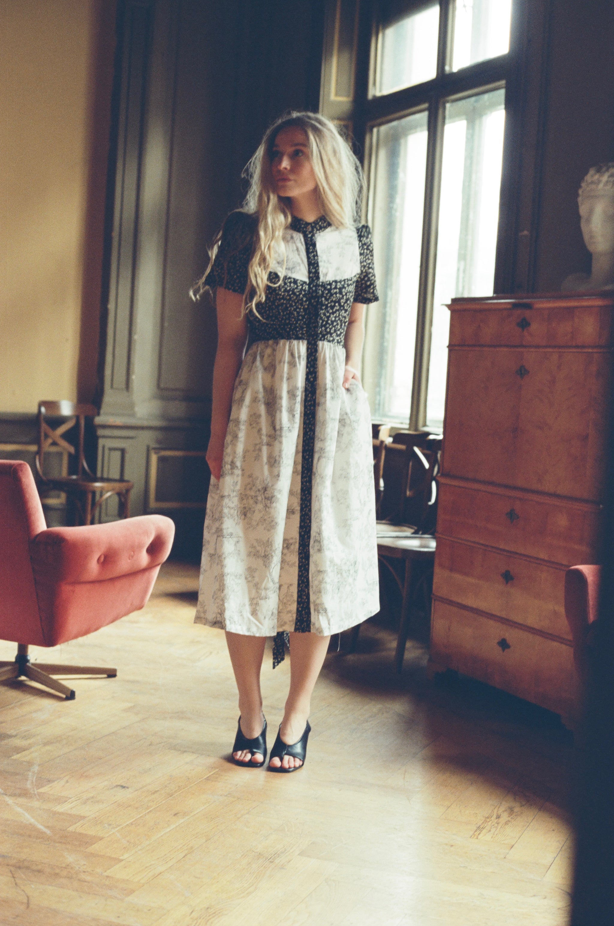 Clover Shirt Dress / Black Mini Floral + Vintage White Toile Print Cotton Voile