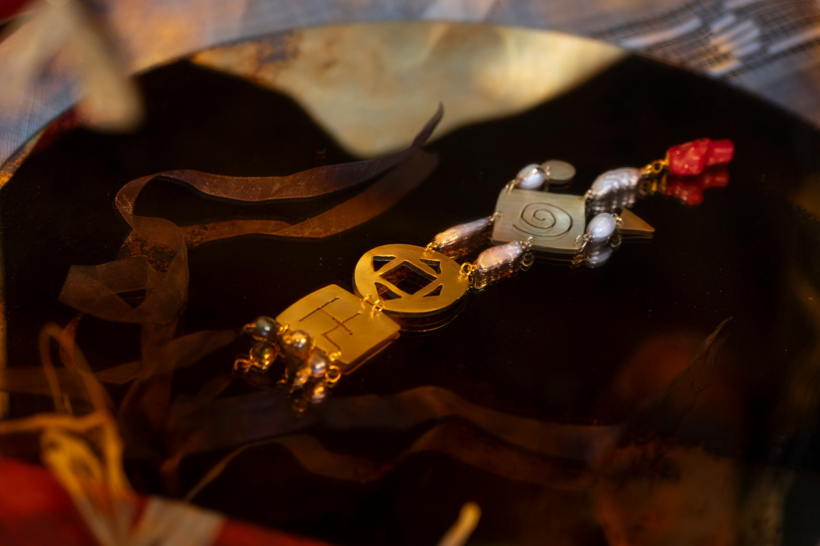 Brass statement necklace with hyperborean symbols