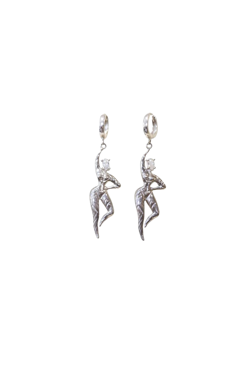 Ce Fain! Aethera sterling silver huggie earrings featuring a sculpted goddess figure with a pale blue stone accent.