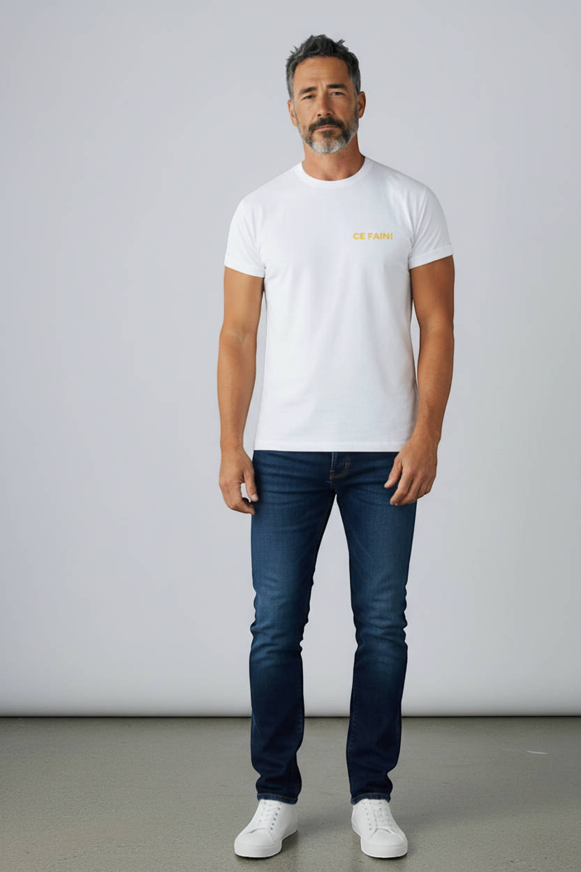 Ce Fain! white 100% organic cotton t-shirt with yellow text on chest and graphic print on back.