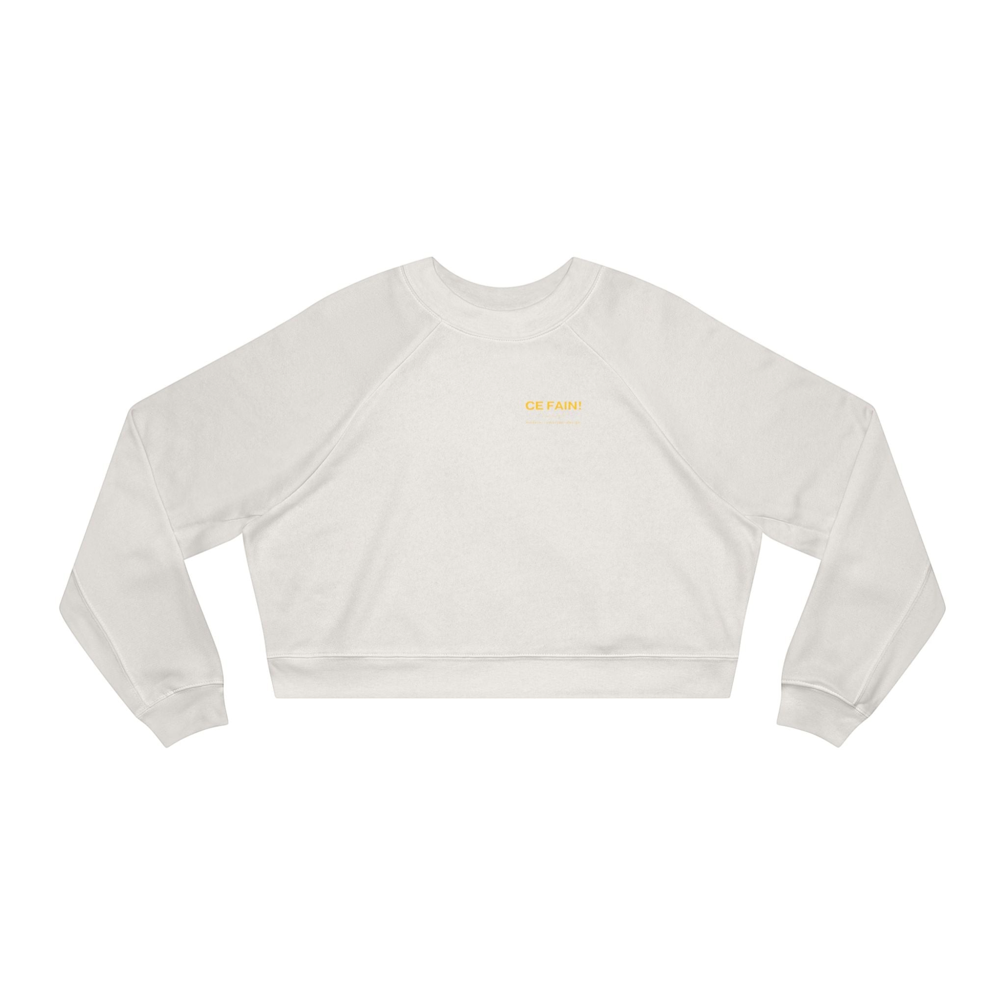 Ce Fain! white cropped fleece pullover with raglan sleeves and subtle vintage graphic detail. Cotton-polyester blend.