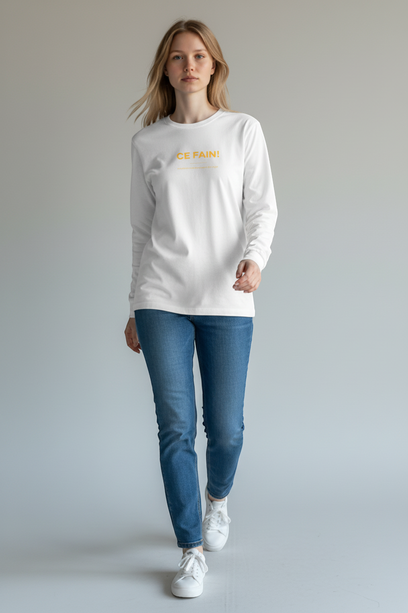 Ce Fain! white long sleeve cotton tee with subtle orange wordmark on front and graphic on back.