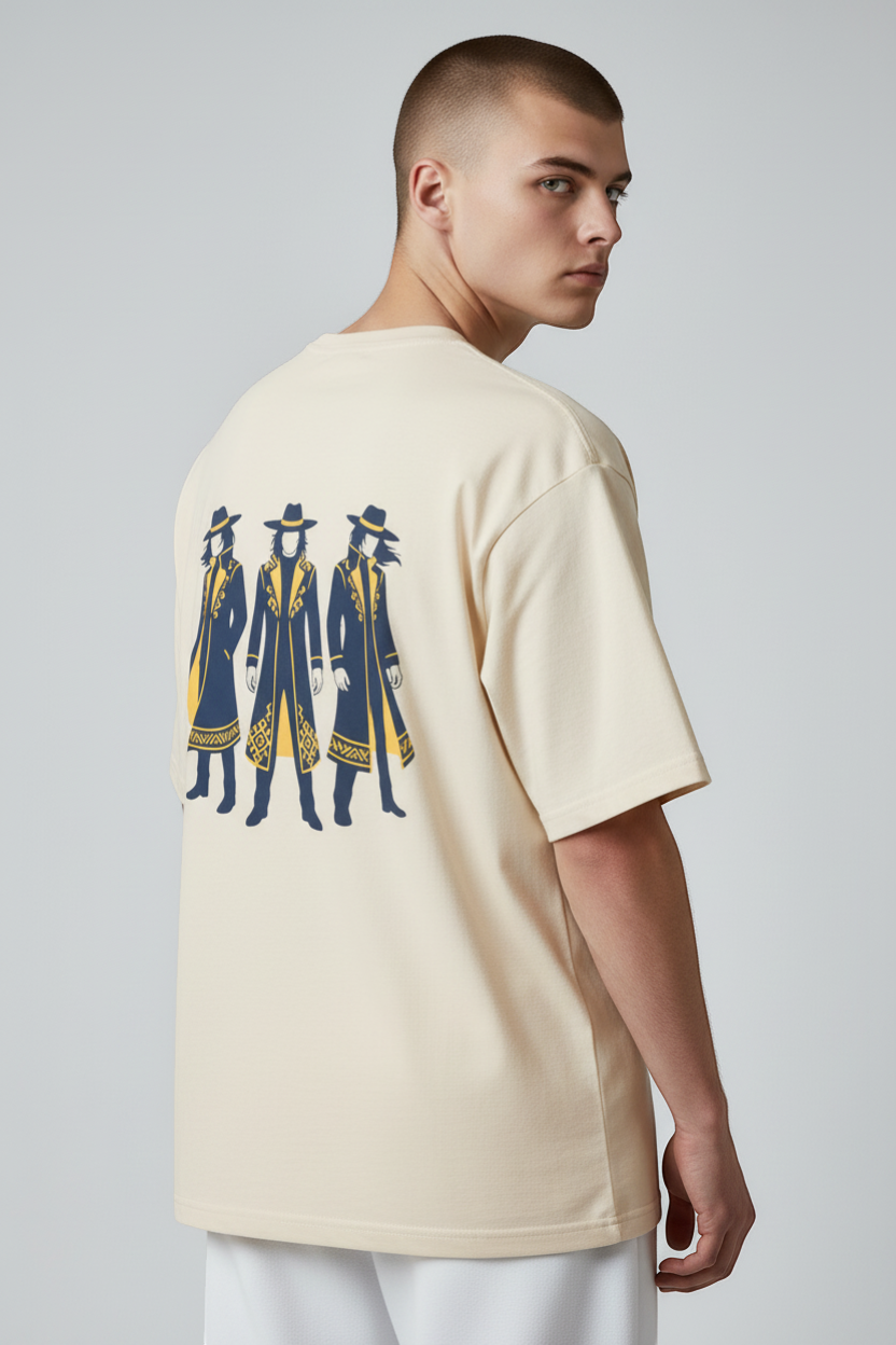 Ce Fain! cream organic cotton t-shirt with a graphic of three figures in dark blue coats and yellow accents.