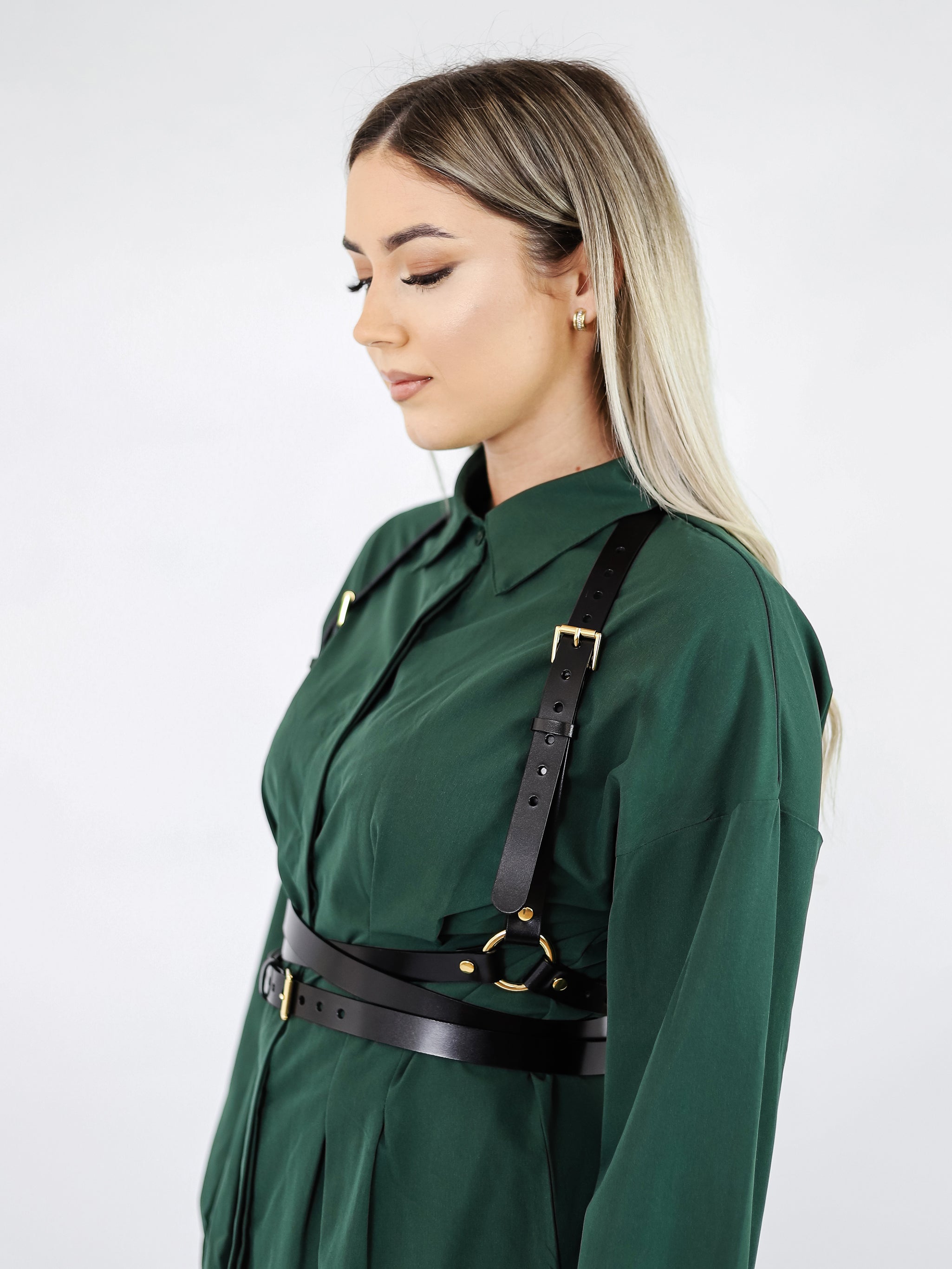 Side view of double belt leather harness.