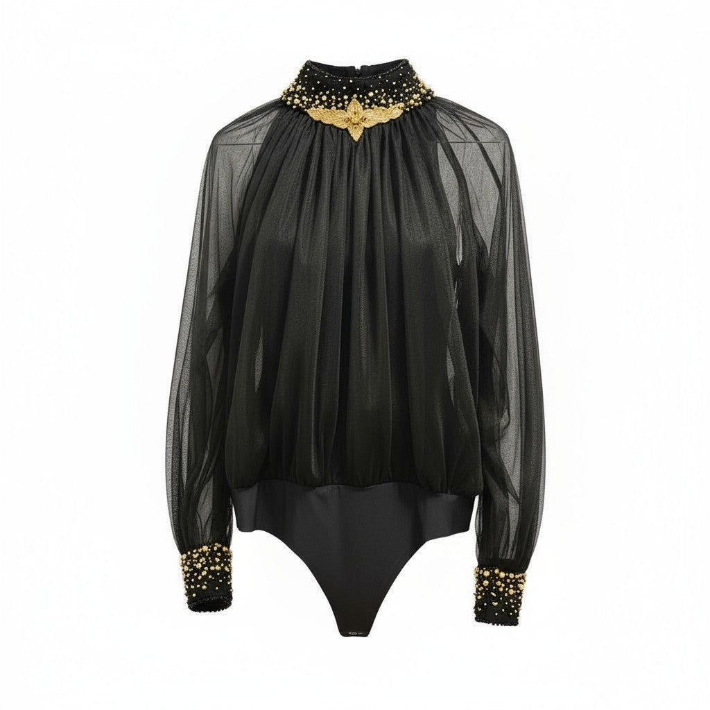 Black sheer tulle bodysuit with jeweled collar and cuffs