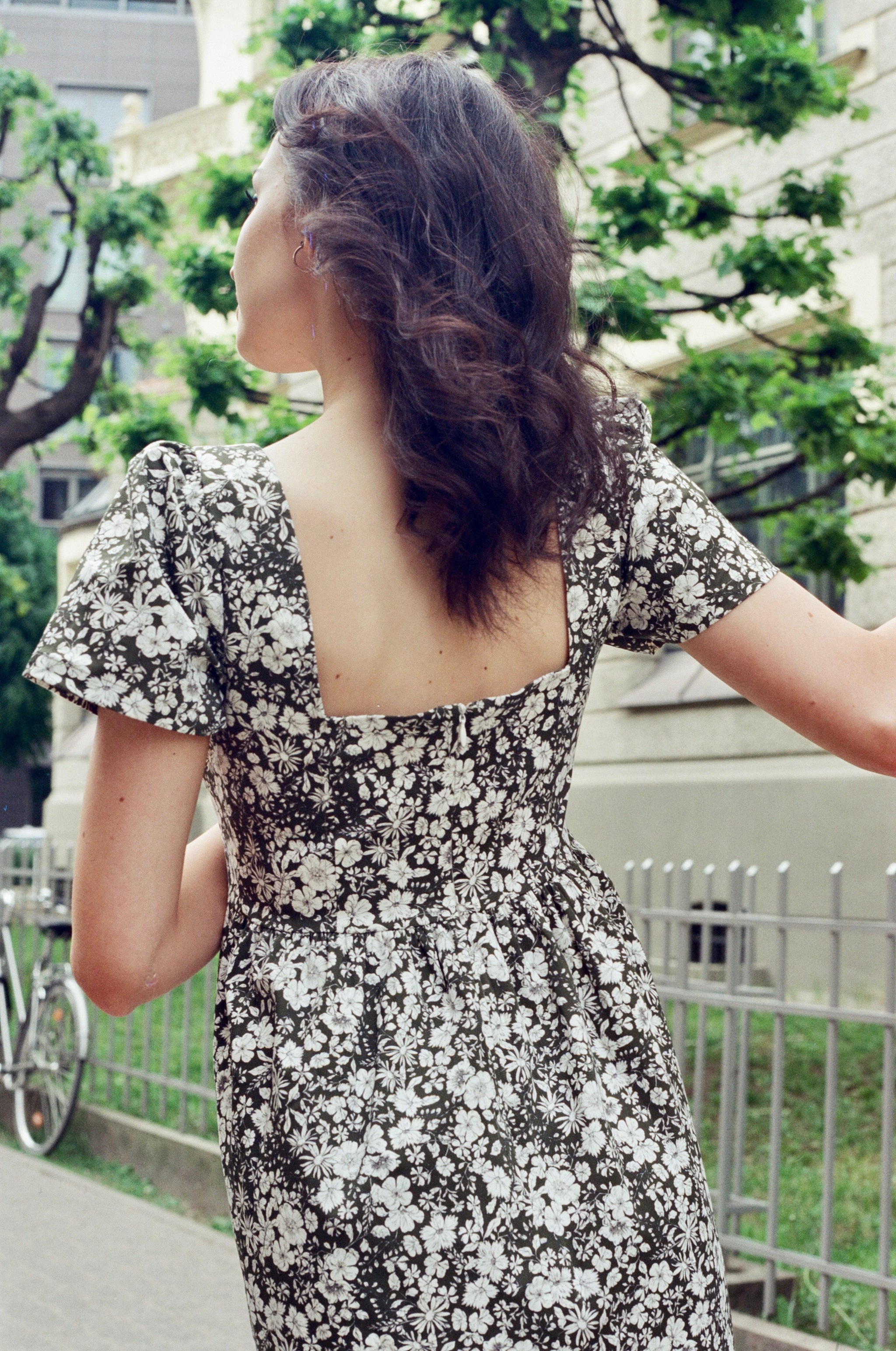Poppy Maxi Dress with a Sweetheart Neckline and Sculpted Bodice / Forest Green + Vintage White Floral Cotton