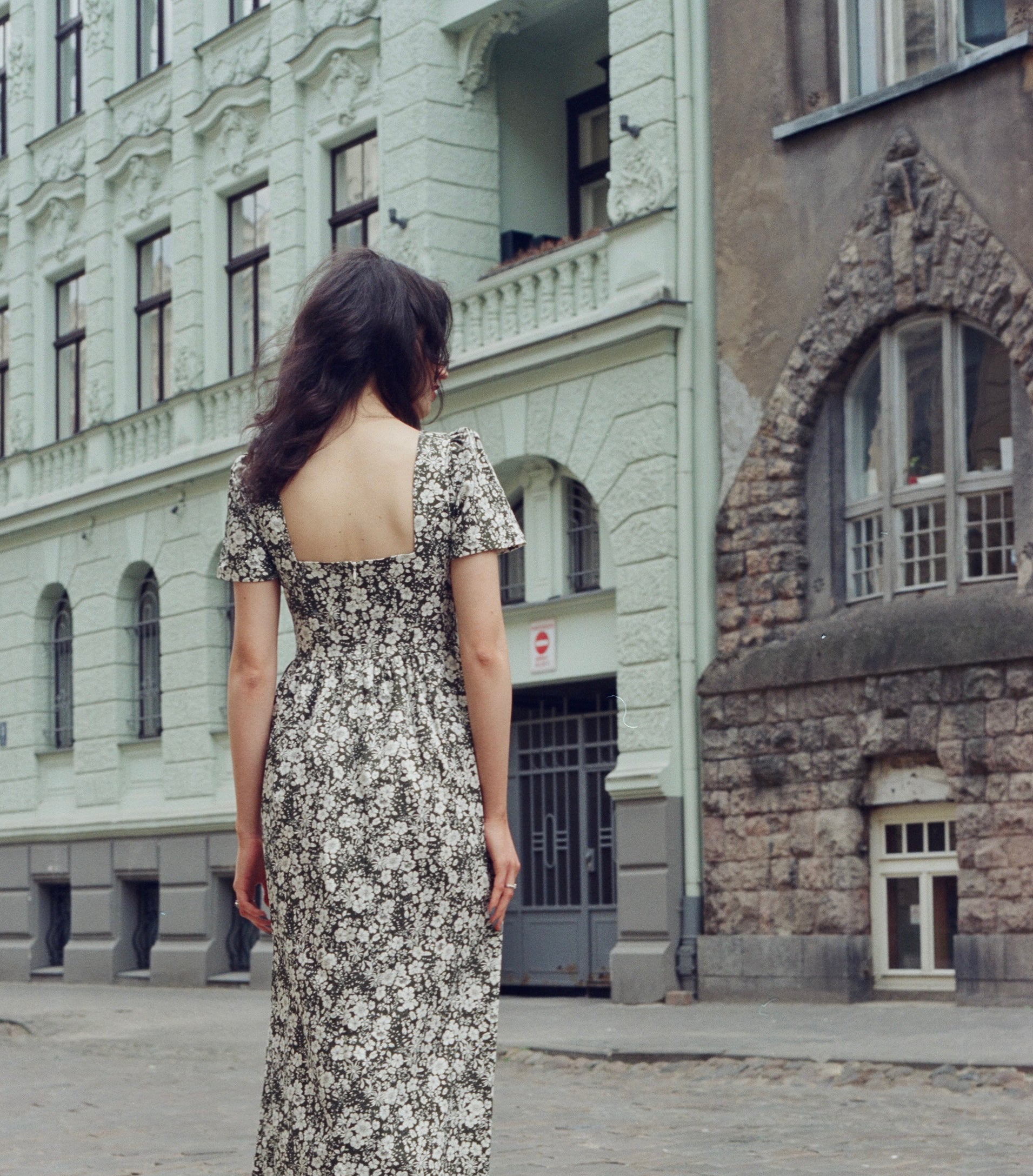 Poppy Maxi Dress with a Sweetheart Neckline and Sculpted Bodice / Forest Green + Vintage White Floral Cotton