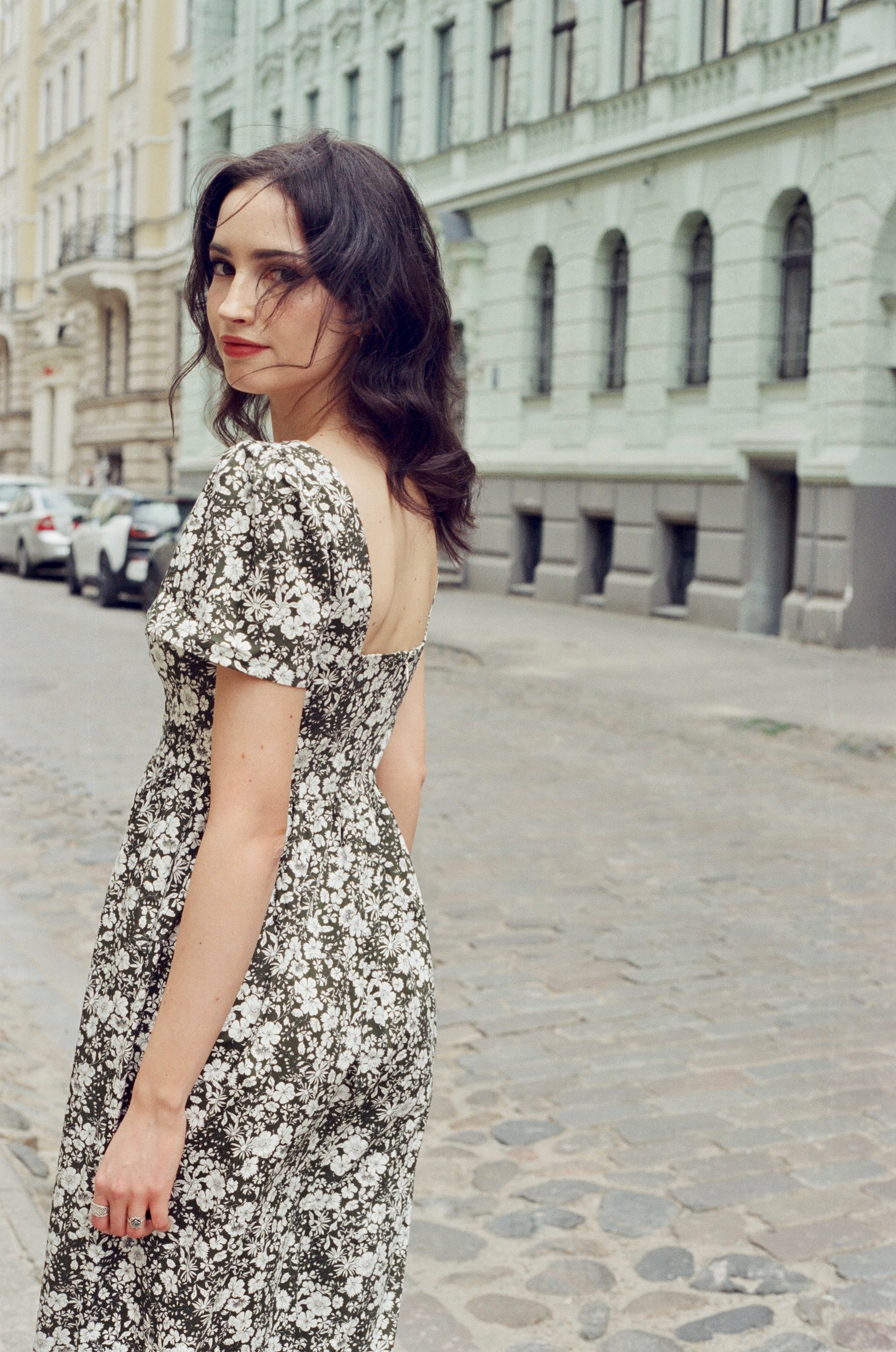 Poppy Maxi Dress with a Sweetheart Neckline and Sculpted Bodice / Forest Green + Vintage White Floral Cotton
