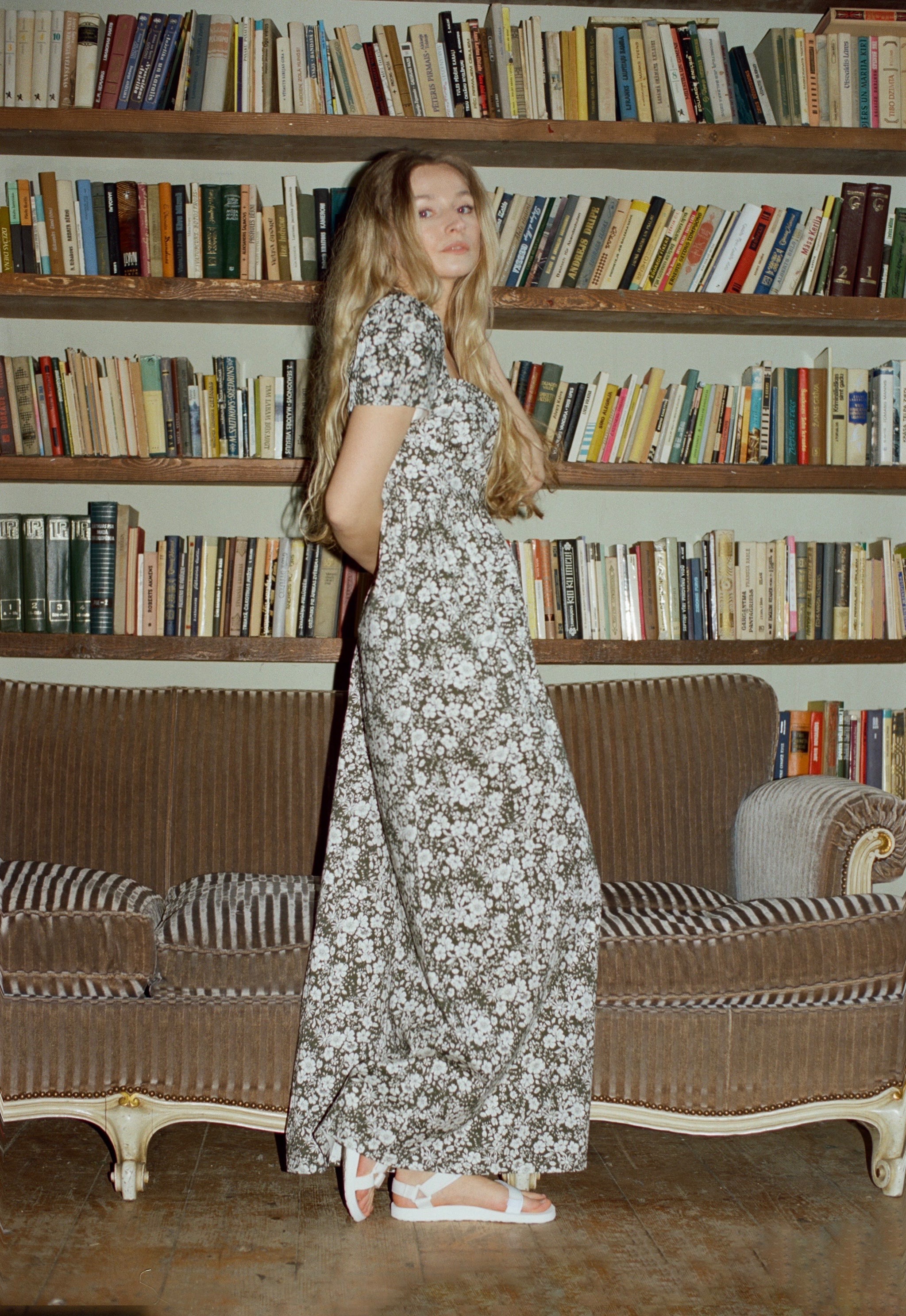 Poppy Maxi Dress with a Sweetheart Neckline and Sculpted Bodice / Forest Green + Vintage White Floral Cotton