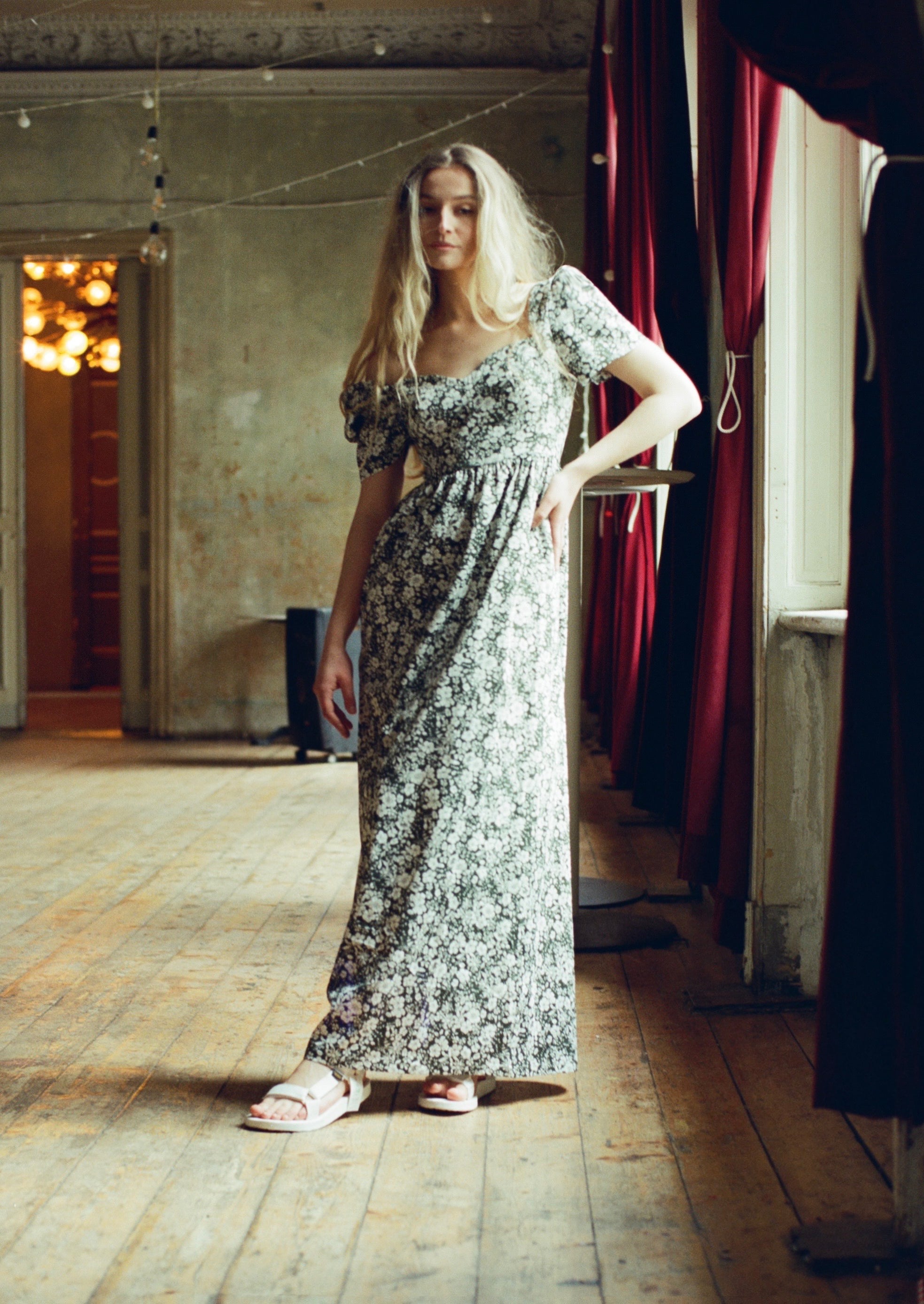 Poppy Maxi Dress with a Sweetheart Neckline and Sculpted Bodice / Forest Green + Vintage White Floral Cotton
