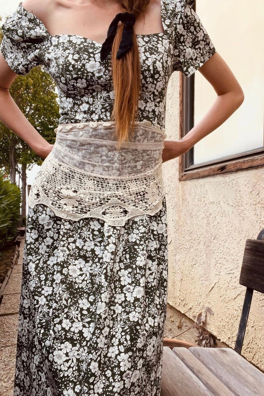 Poppy Maxi Dress with a Sweetheart Neckline and Sculpted Bodice / Forest Green + Vintage White Floral Cotton