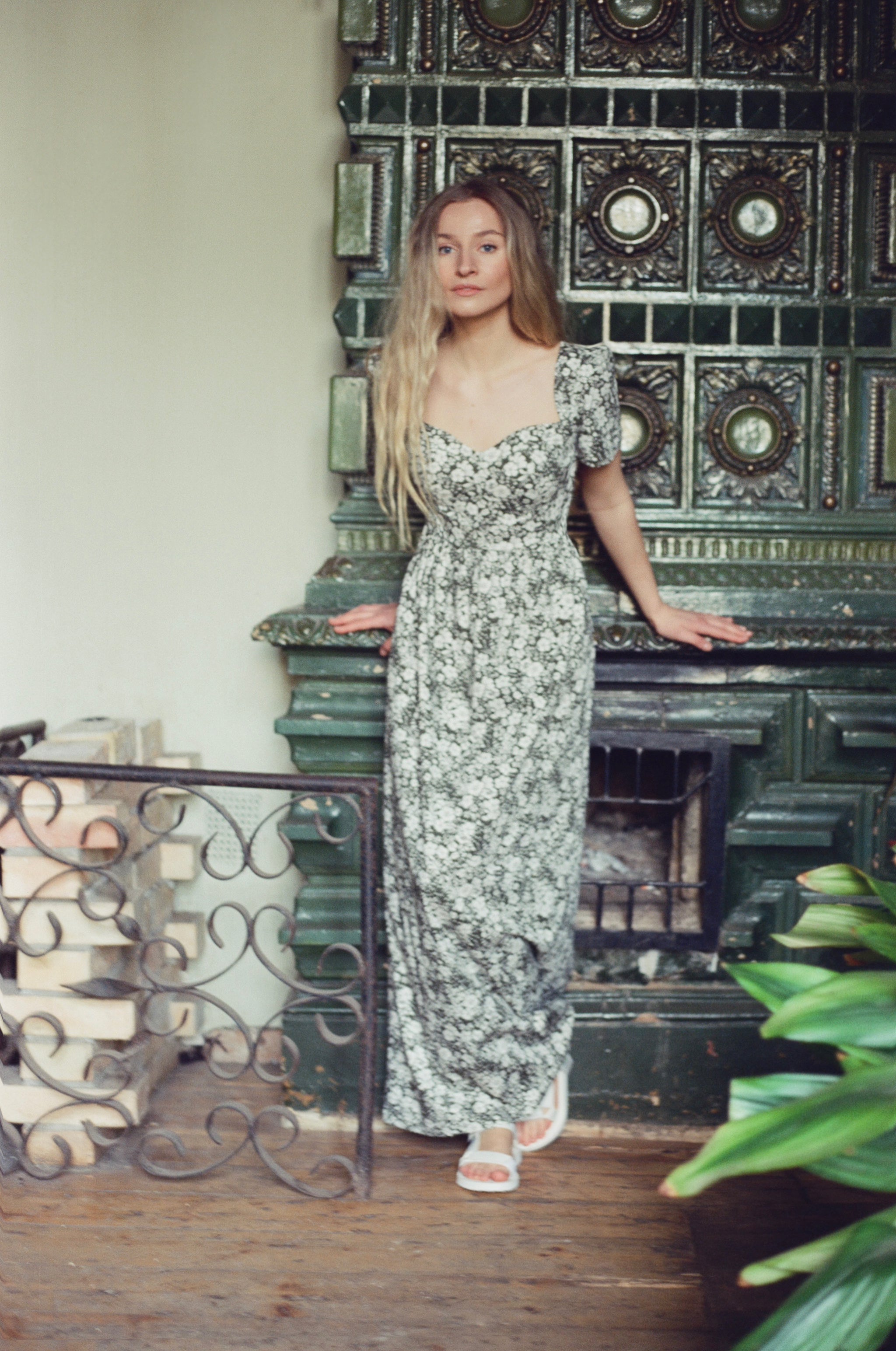 Poppy Maxi Dress with a Sweetheart Neckline and Sculpted Bodice / Forest Green + Vintage White Floral Cotton