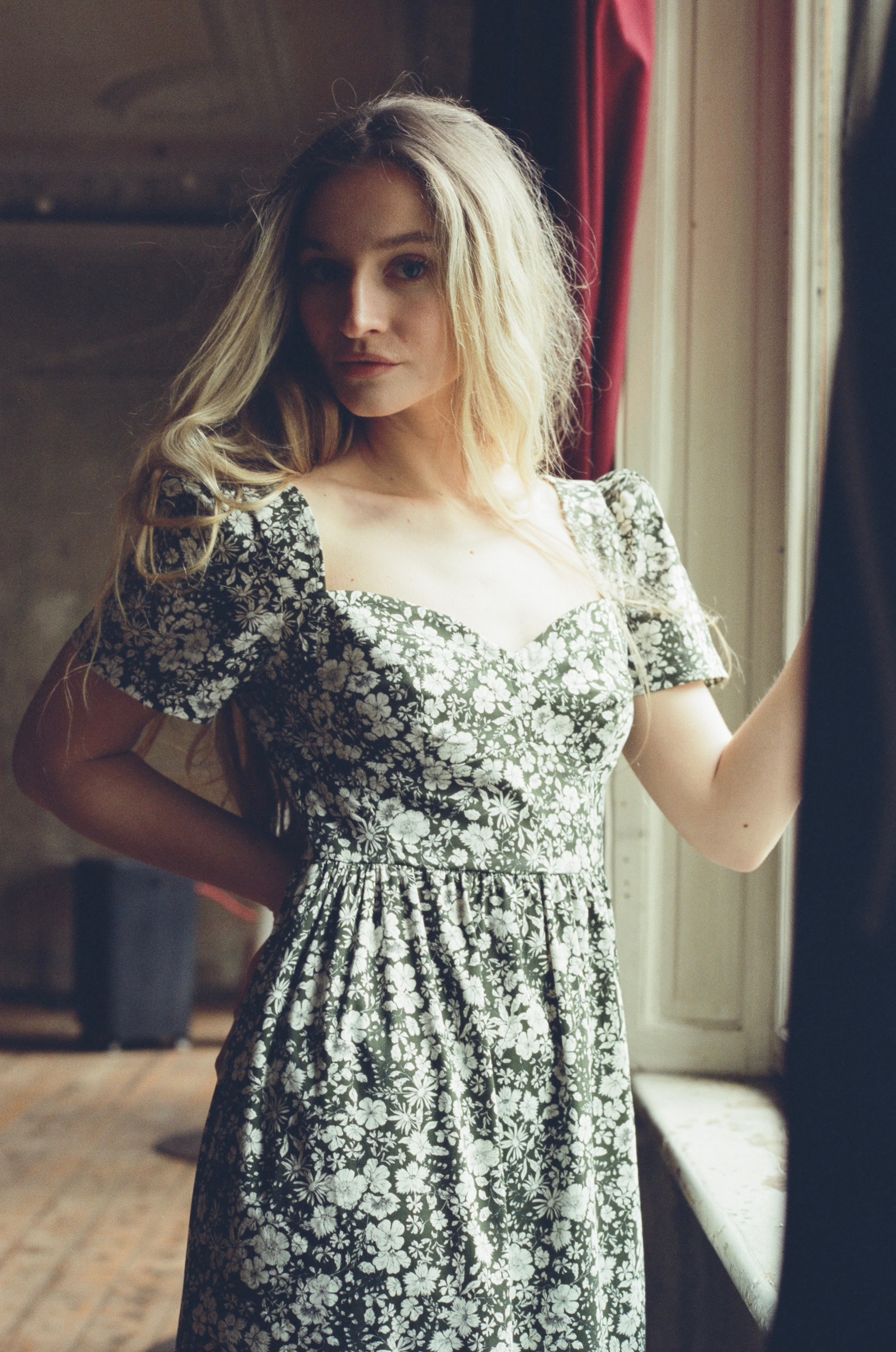 Poppy Maxi Dress with a Sweetheart Neckline and Sculpted Bodice / Forest Green + Vintage White Floral Cotton
