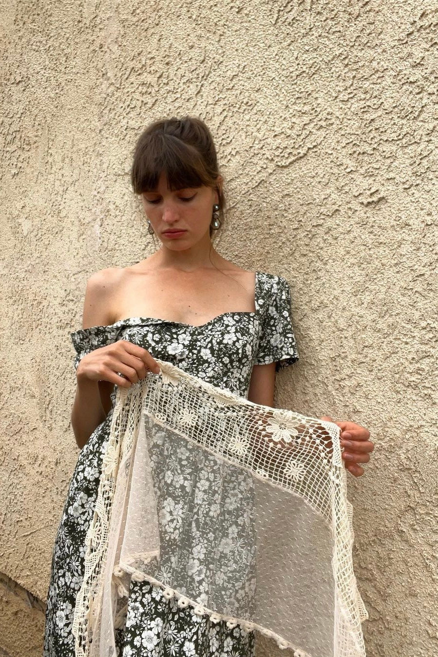 Poppy Maxi Dress with a Sweetheart Neckline and Sculpted Bodice / Forest Green + Vintage White Floral Cotton