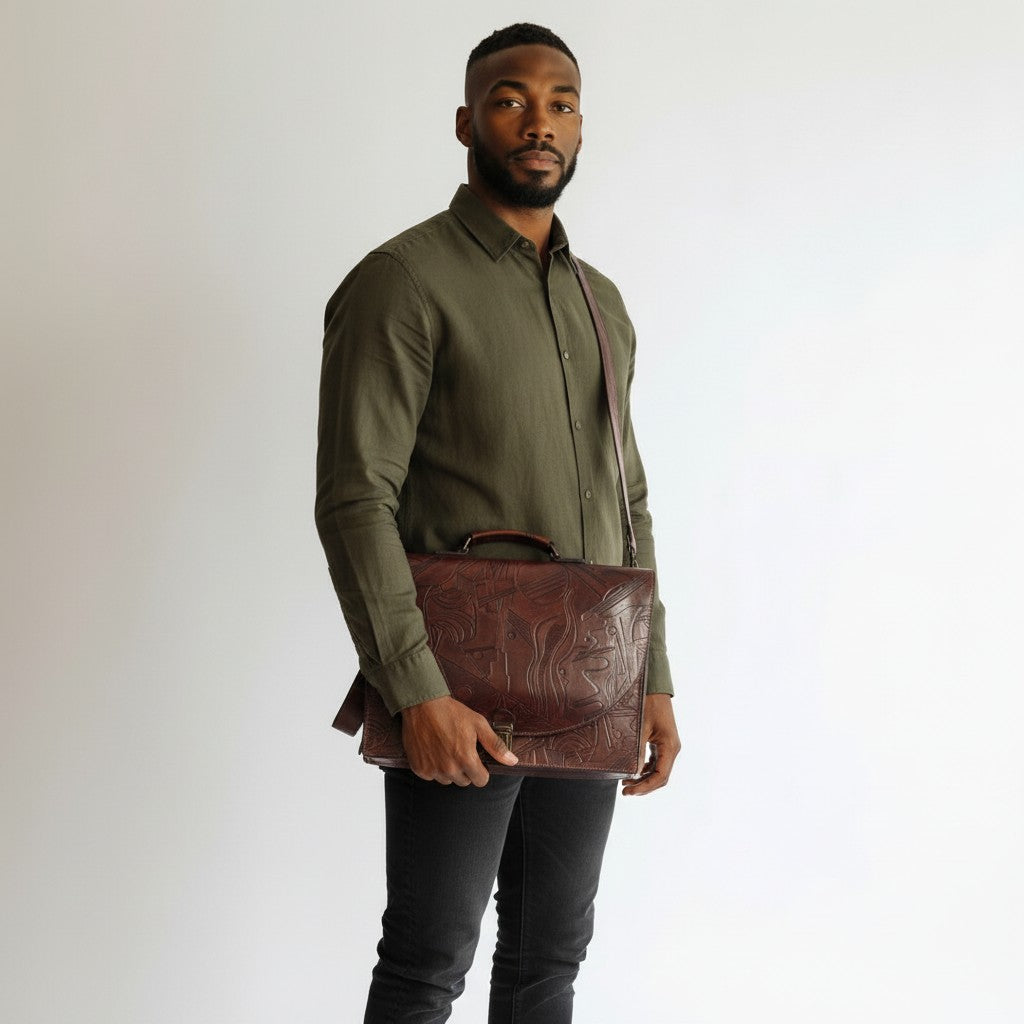 Large Embossed Leather Unisex Bag